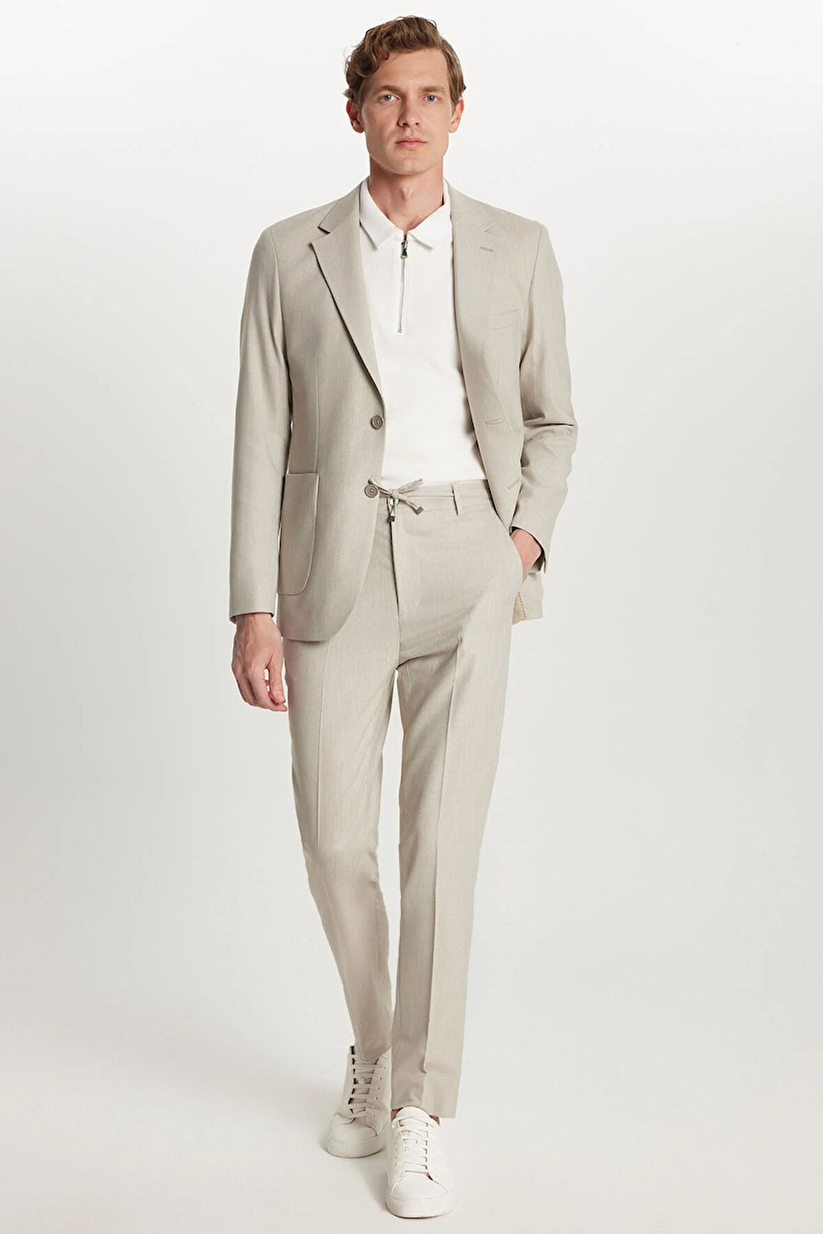 Erkek Regular Fit Bej Esnek Likralı Kumaş Mono Yaka Torba Cepli Takım Elbise