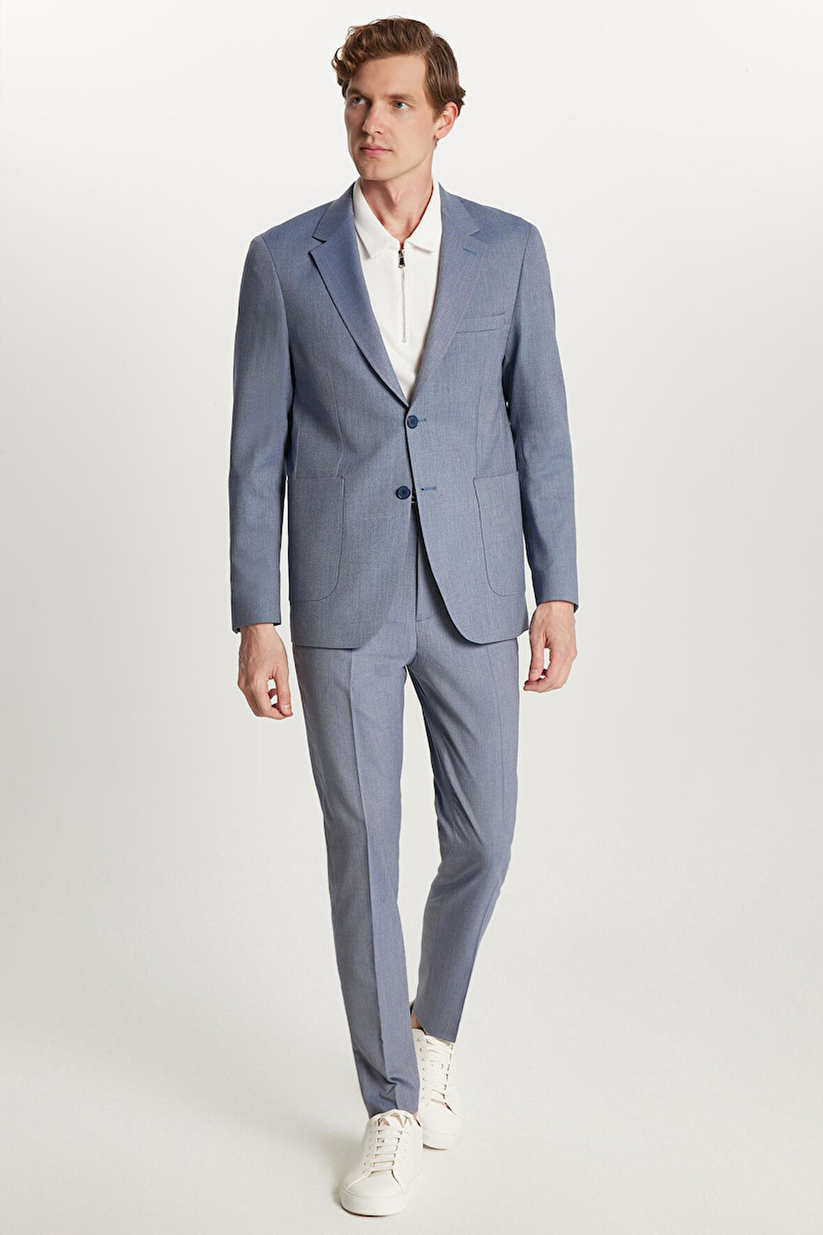 Erkek Regular Fit Mavi Esnek Likralı Kumaş Mono Yaka Torba Cepli Takım Elbise