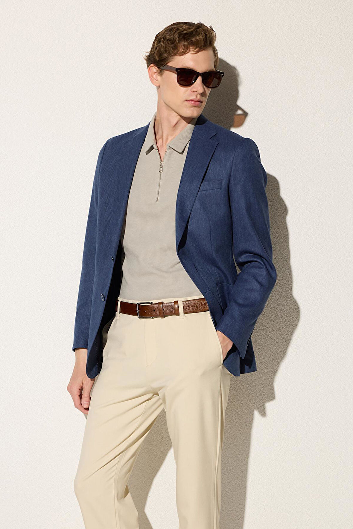 Erkek Slim Fit Mono Yaka Çift Yırtmaçlı Casual İndigo Tek Ceket