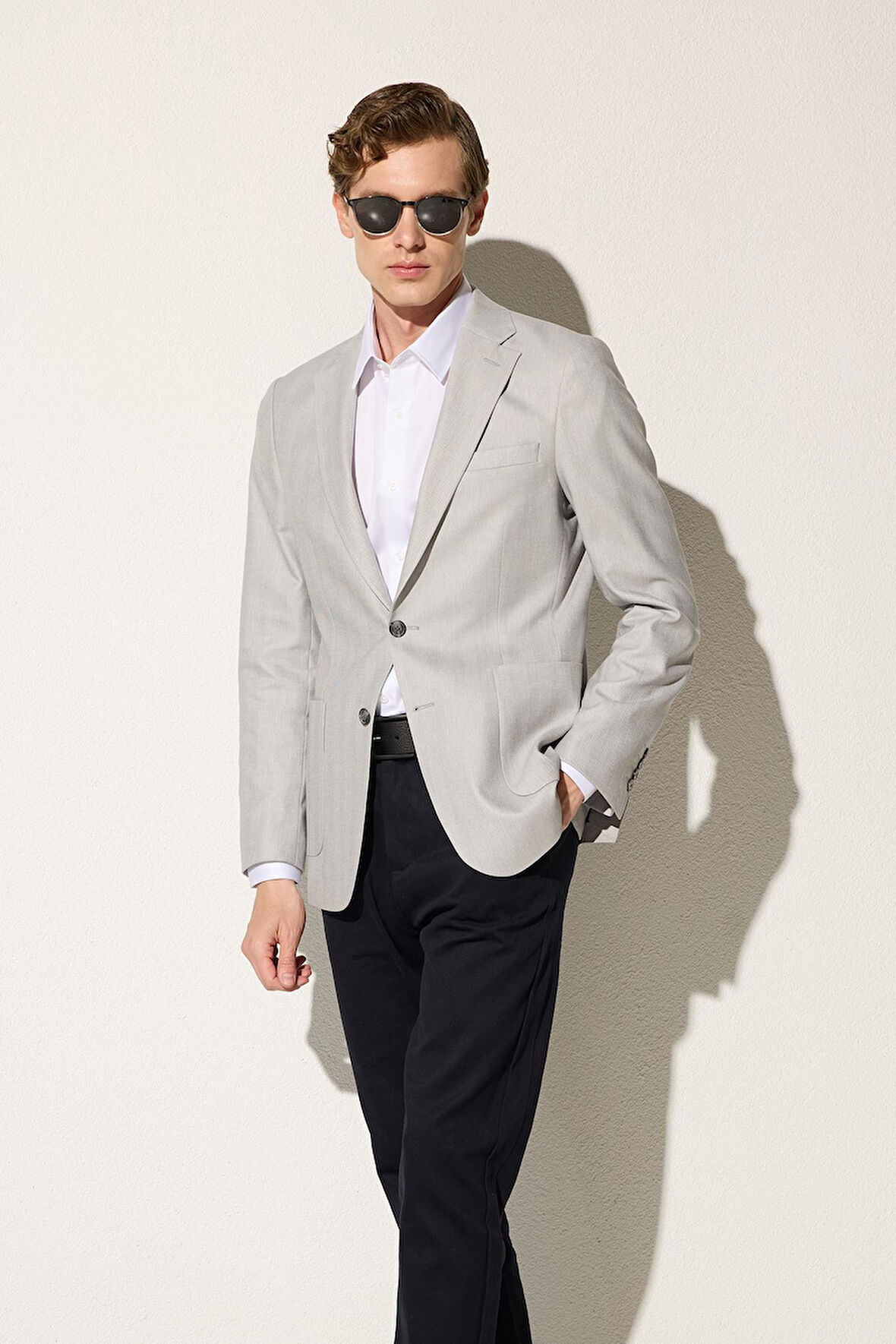 Erkek Slim Fit Mono Yaka Çift Yırtmaçlı Casual Gri Tek Ceket