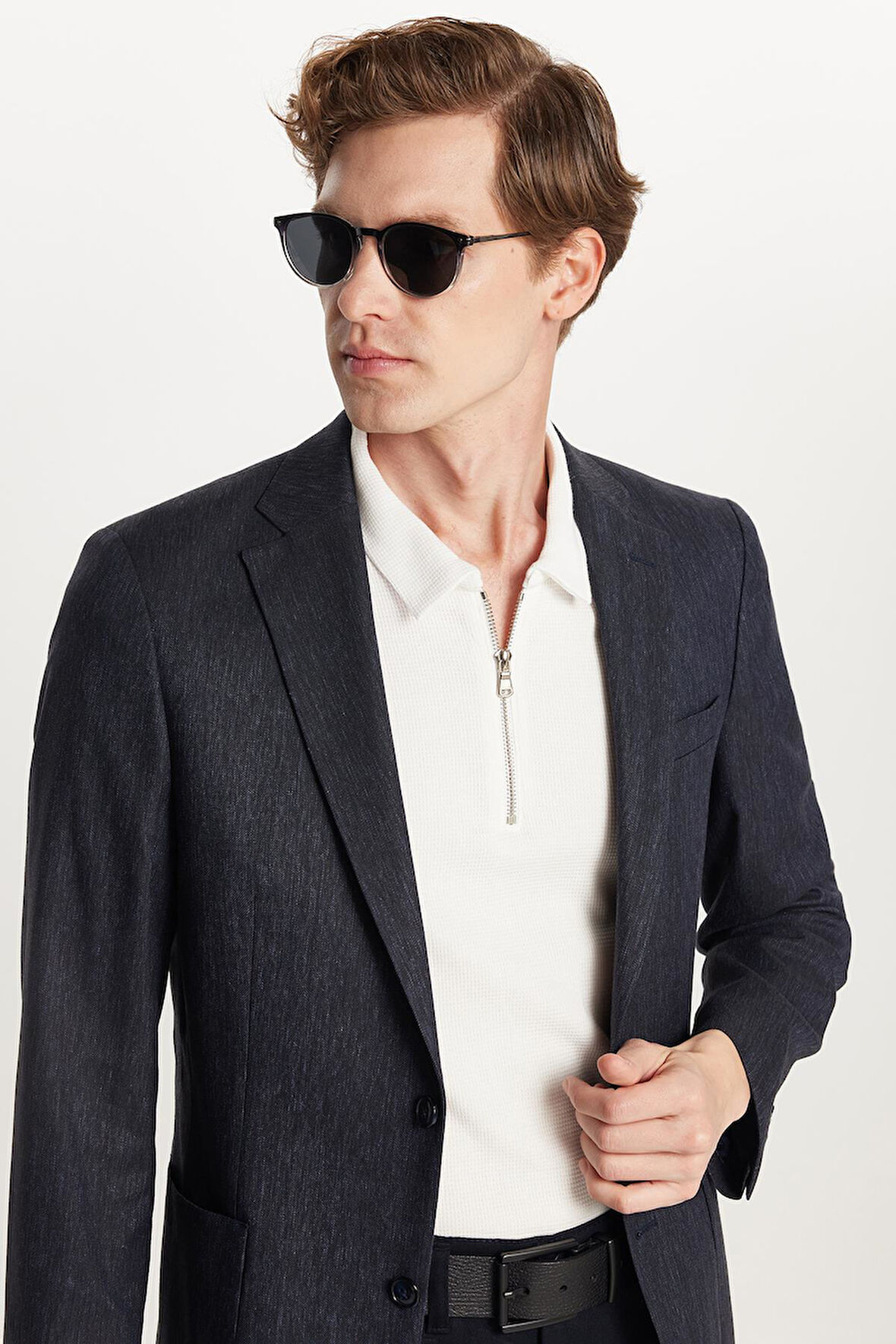 Erkek Slim Fit Mono Yaka Çift Yırtmaçlı Casual Lacivert Tek Ceket