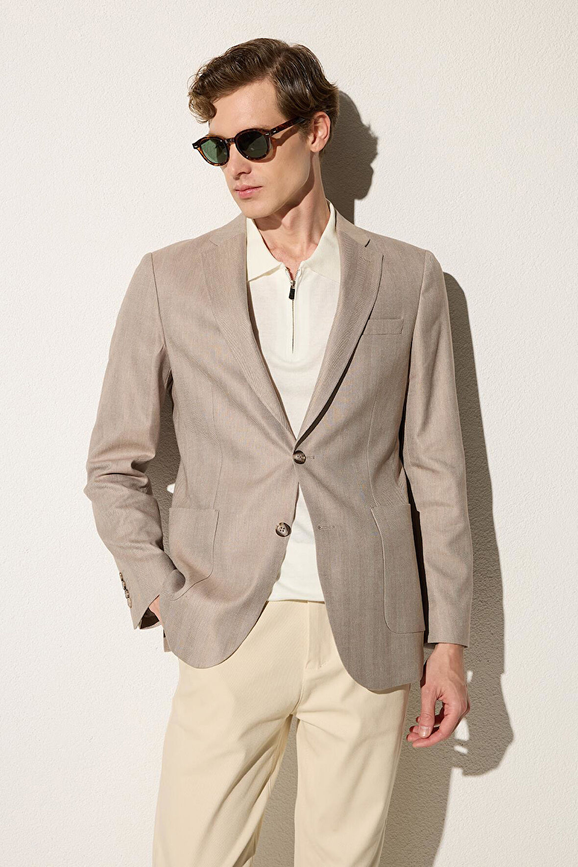 Erkek Slim Fit Mono Yaka Çift Yırtmaçlı Casual Bej Tek Ceket