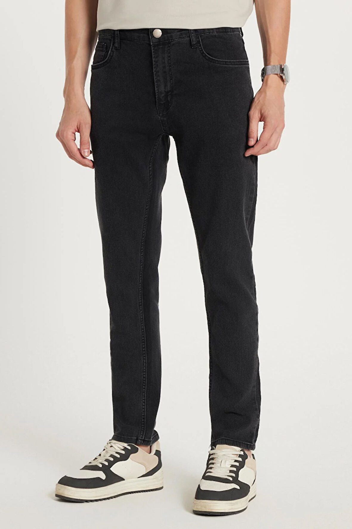 Erkek Slim Fit Yıkamalı Taşlamalı Esnek Kot Düz Paça Tapered Siyah Pantolon