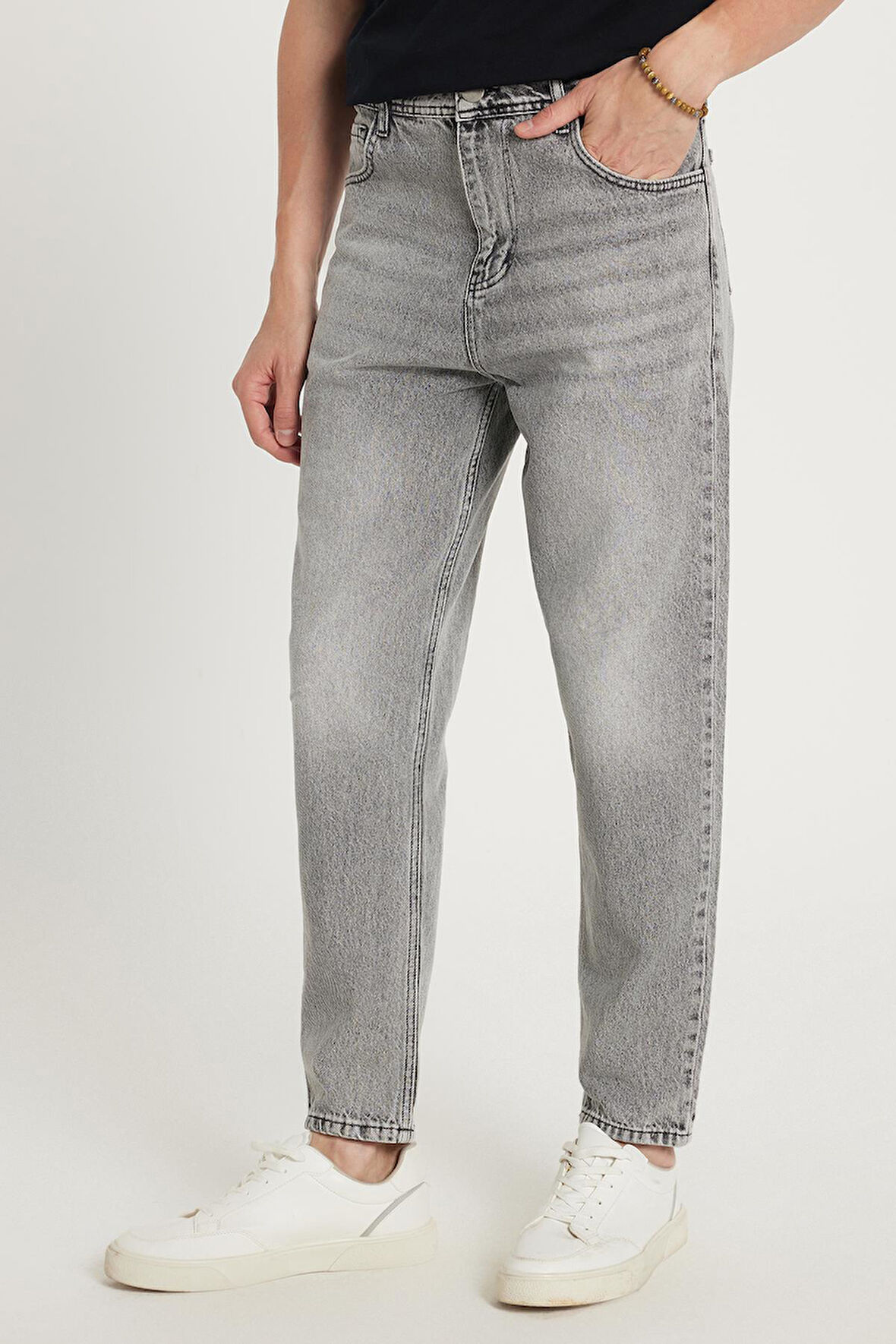 Erkek Relax Fit Geniş Kesim Boru Paça Denim Yıkamalı Taşlamalı Esnek Gri Jean Kot Pantolon