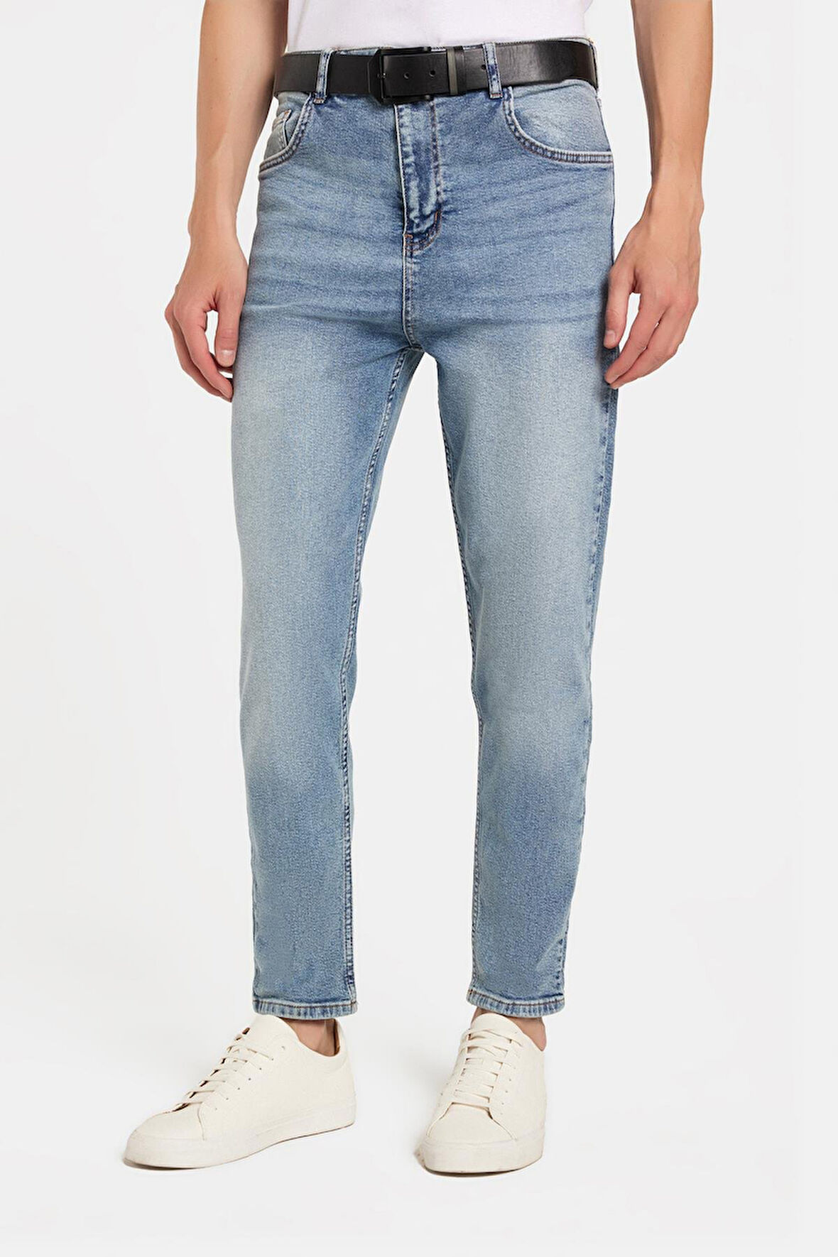 Erkek Straight Fit Bol Kesim Denim Yıkamalı Efektli Esnek Açık Mavi Jean Kot Pantolon