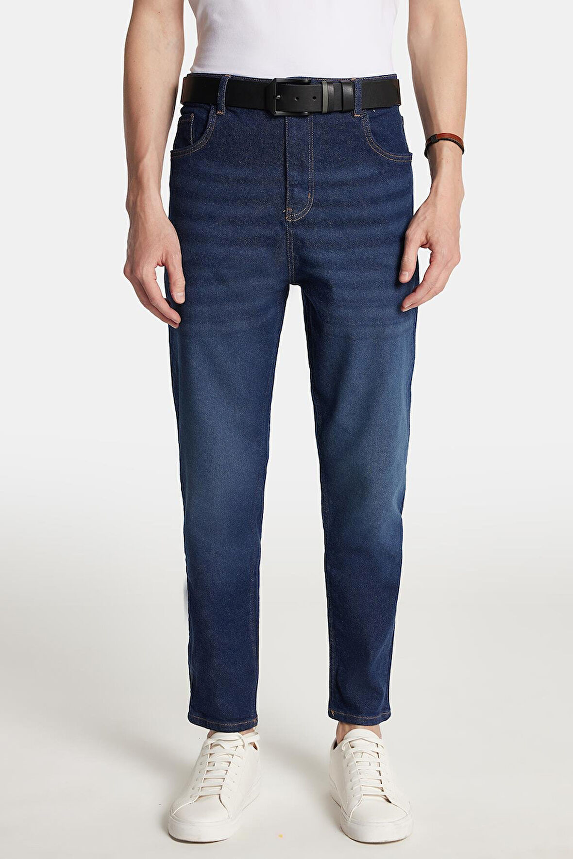 Erkek Straight Fit Bol Kesim Denim Yıkamalı Efektli Esnek Lacivert Jean Kot Pantolon