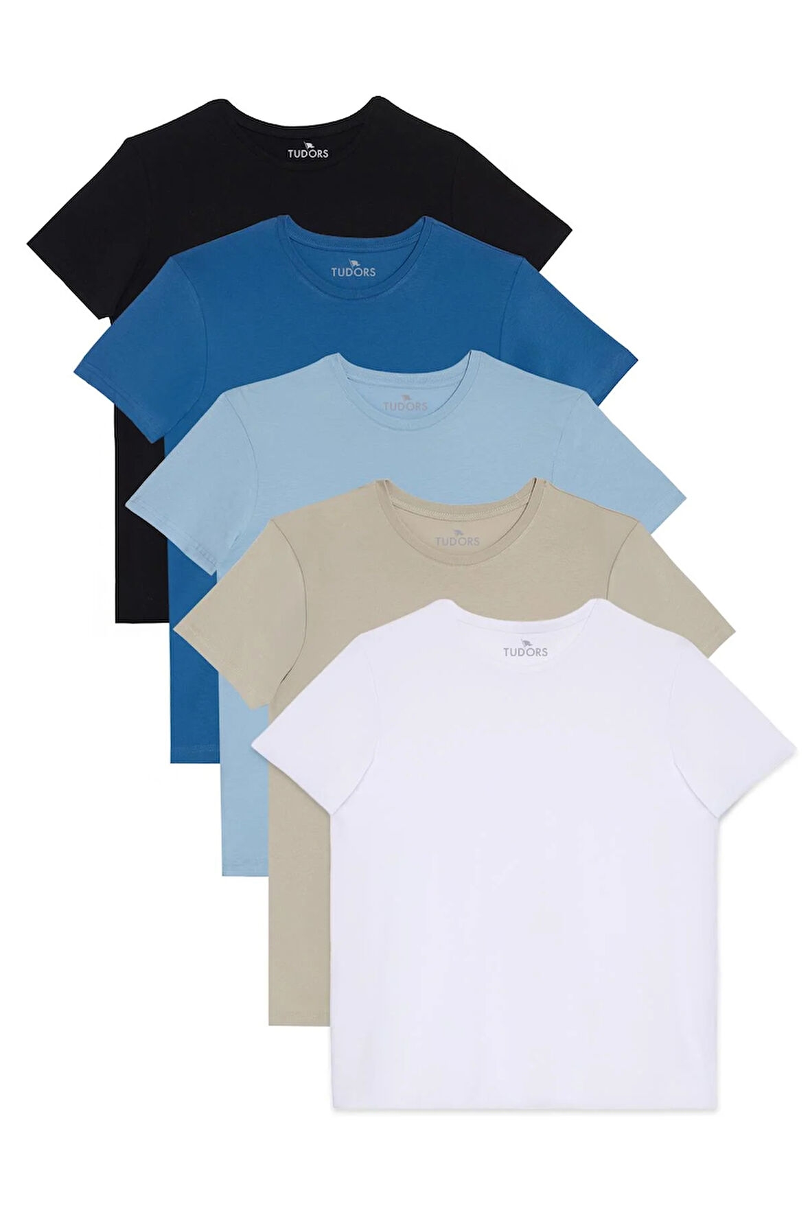 Unisex 5'li Paket Siyah-Taş-Mavi-Açık Mavi-Beyaz Slim Fit Dar Kesim %100 Pamuk Bisiklet Yaka Tişört