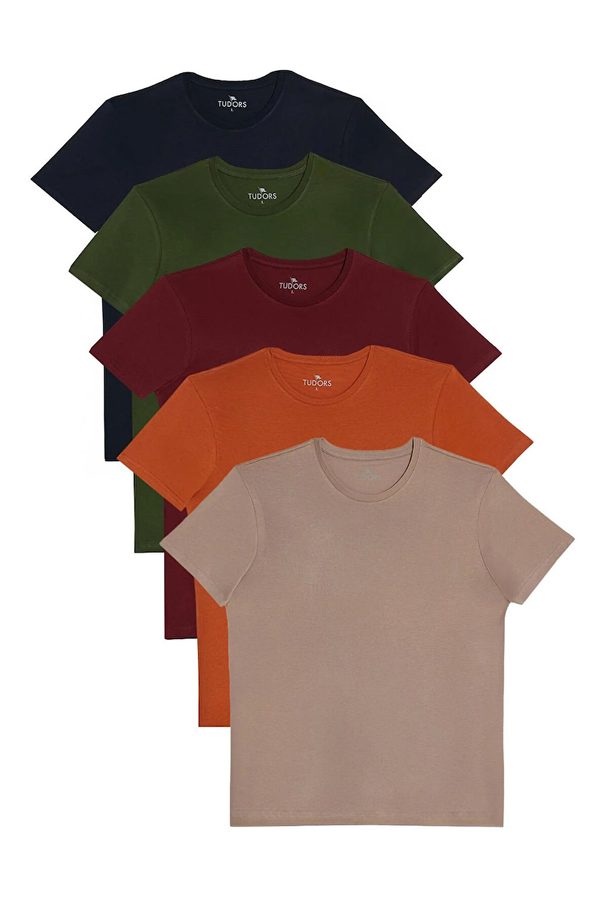 Unisex 5li Paket Lacivert-Haki-Bordo-Tarçın-Vizon Slim Fit Dar Kesim %100 Pamuk Bisiklet Yaka Tişört