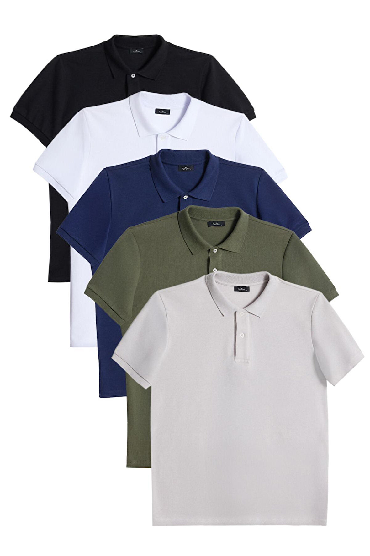 Erkek 5'li Paket Siyah-Beyaz-Lacivert-Haki-Gri Slim Fit Dar Kesim Pamuklu Düz Pike Polo Yaka Tişört