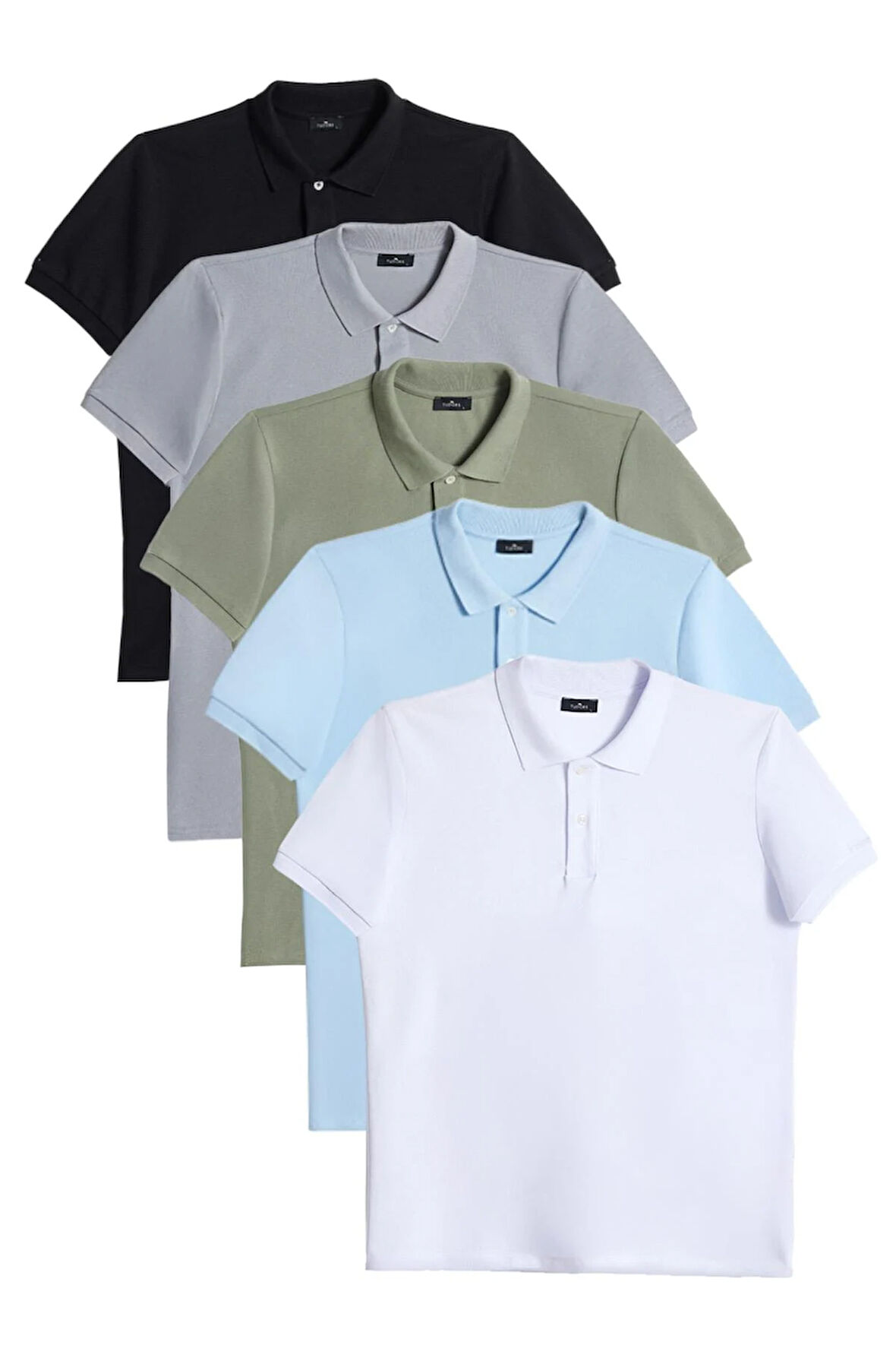 Erkek 5'li Paket Siyah-Gri-Haki-Mavi-Beyaz Slim Fit Dar Kesim Pamuklu Düz Pike Polo Yaka Tişört