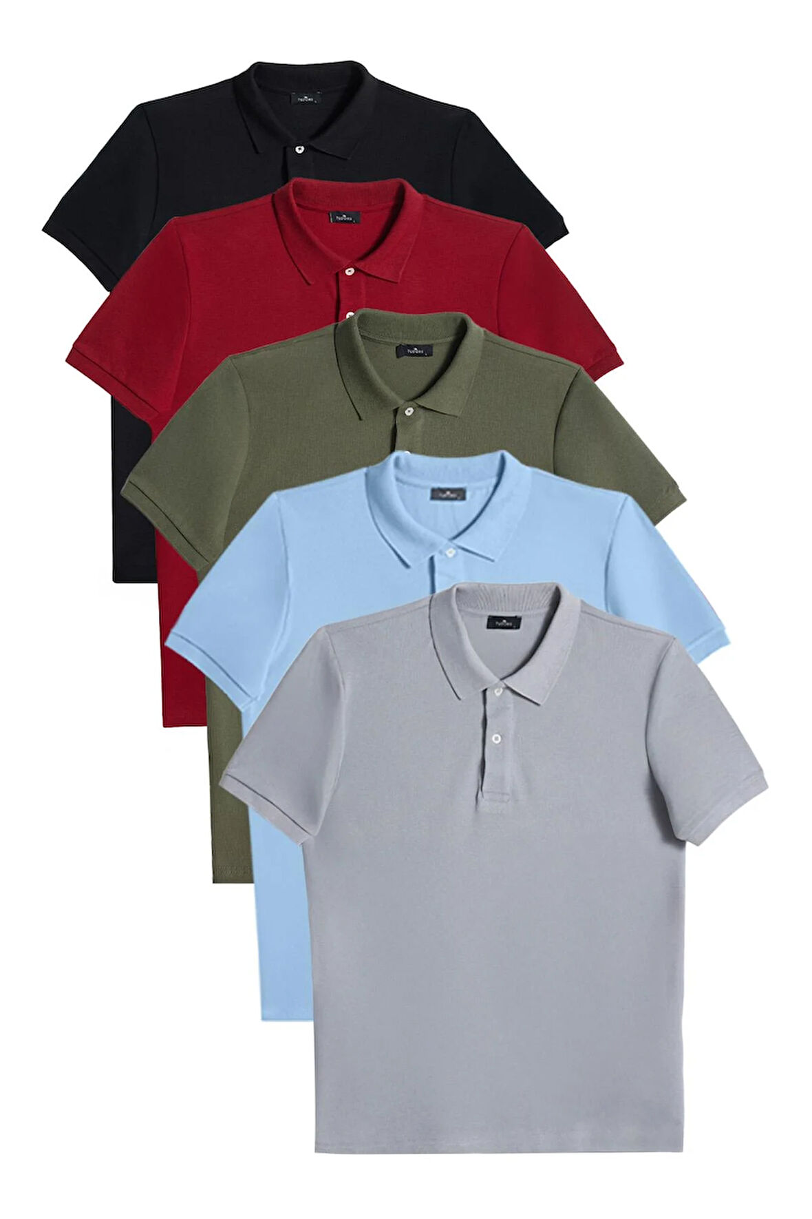 Erkek 5'li Paket Siyah-Bordo-Haki-Mavi-Gri Slim Fit Dar Kesim Pamuklu Düz Pike Polo Yaka Tişört