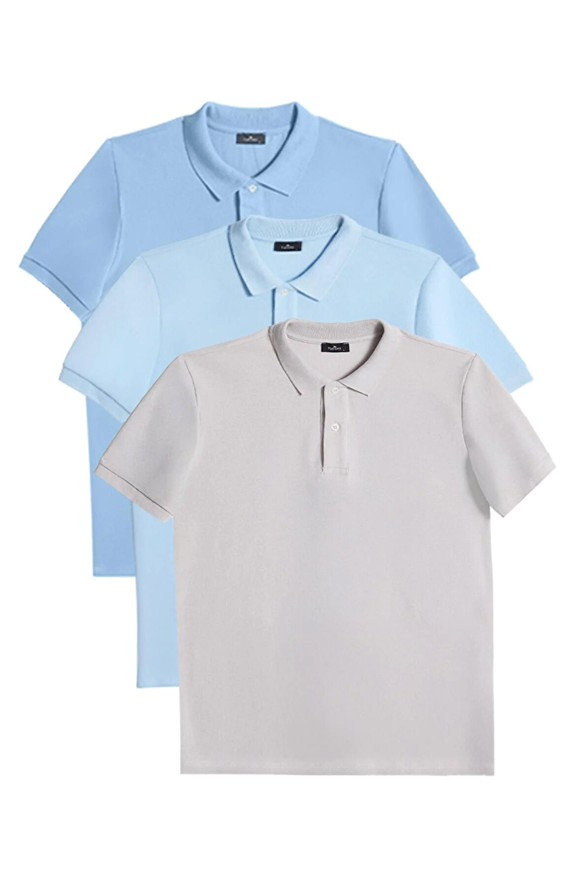 Erkek 3'lü Paket Koyu Mavi-Mavi-Gri Slim Fit Dar Kesim Pamuklu Düz Pike Polo Yaka Tişört