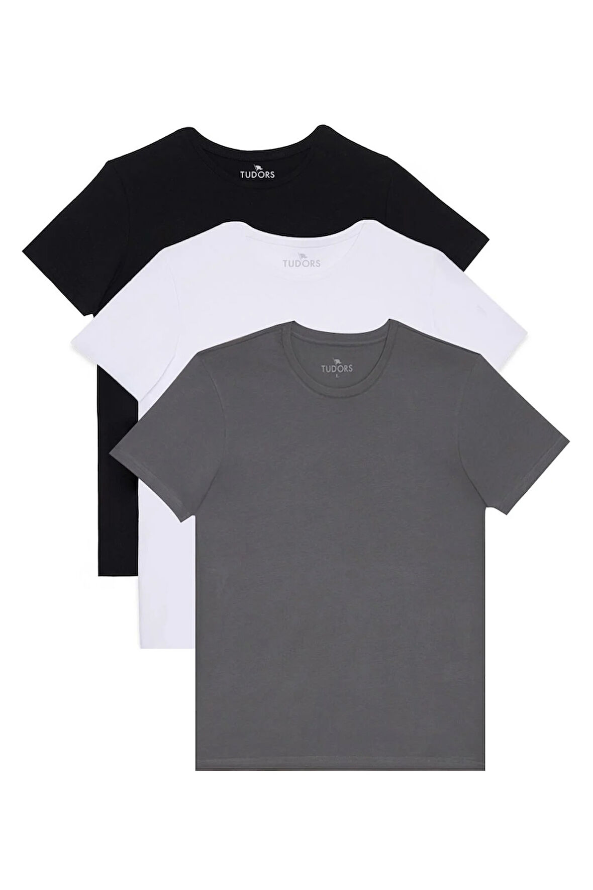 Unisex 3'lü Paket Siyah-Beyaz-K. Gri Slim Fit Dar Kesim %100 Pamuk Bisiklet Yaka Tişört