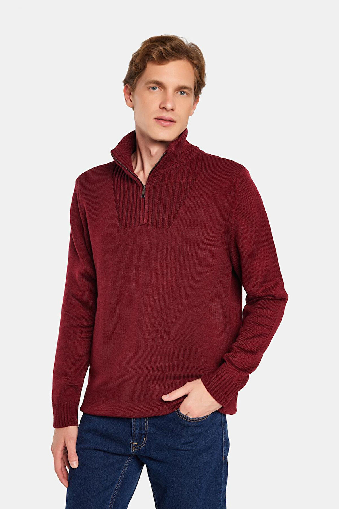 Erkek Slim Fit Dar Kesim Armürlü Fermuarlı Bordo Dik Yaka Kazak