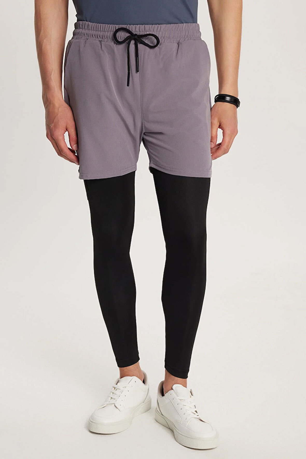 Erkek Standart Fit Beli Bağlamalı Lastikli Cepli Esnek Kumaş Gri Uzun Sporcu Tayt Şort