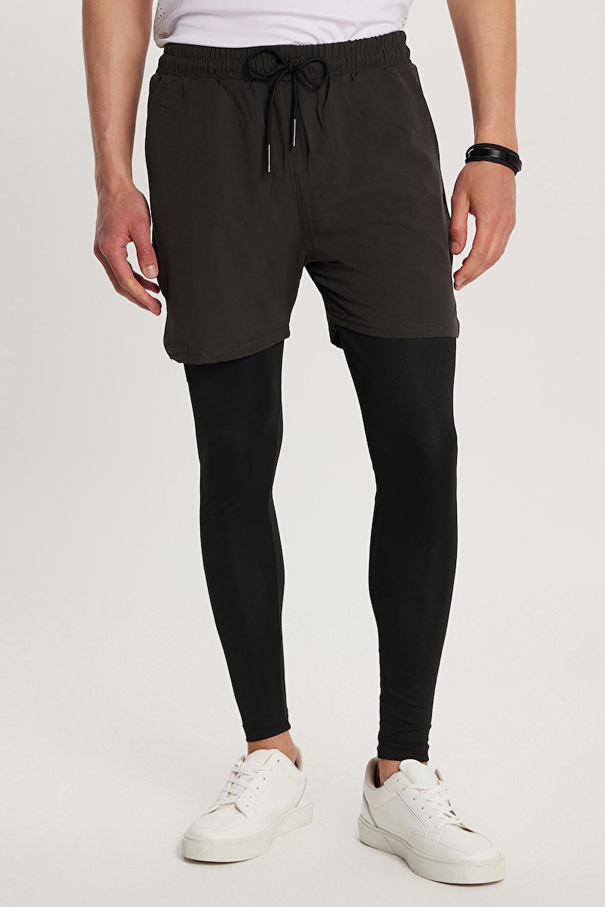 Erkek Standart Fit Beli Bağlamalı Lastikli Cepli Esnek Kumaş Haki Uzun Sporcu Tayt Şort