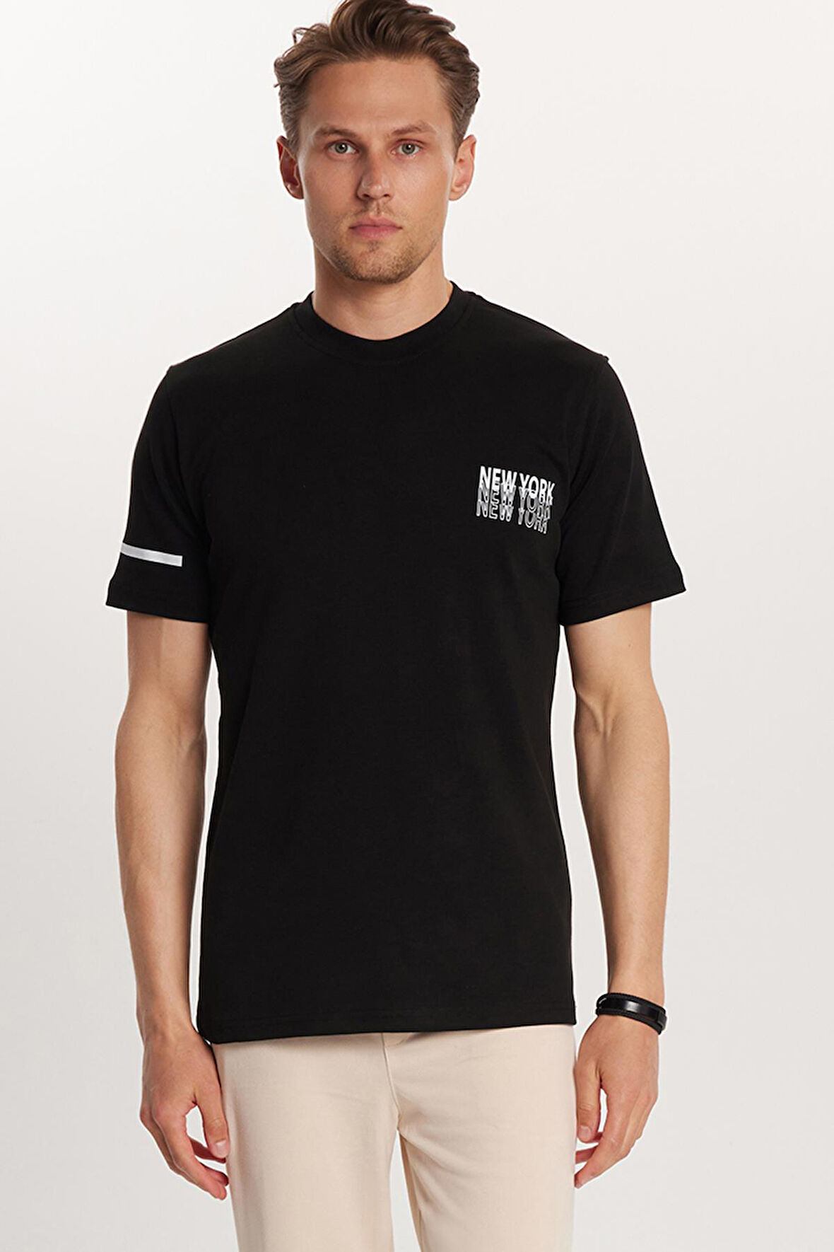 Erkek Slim Fit Dar Kesim Pamuklu Düz Basic Baskılı Bisiklet Yaka Siyah Tişört