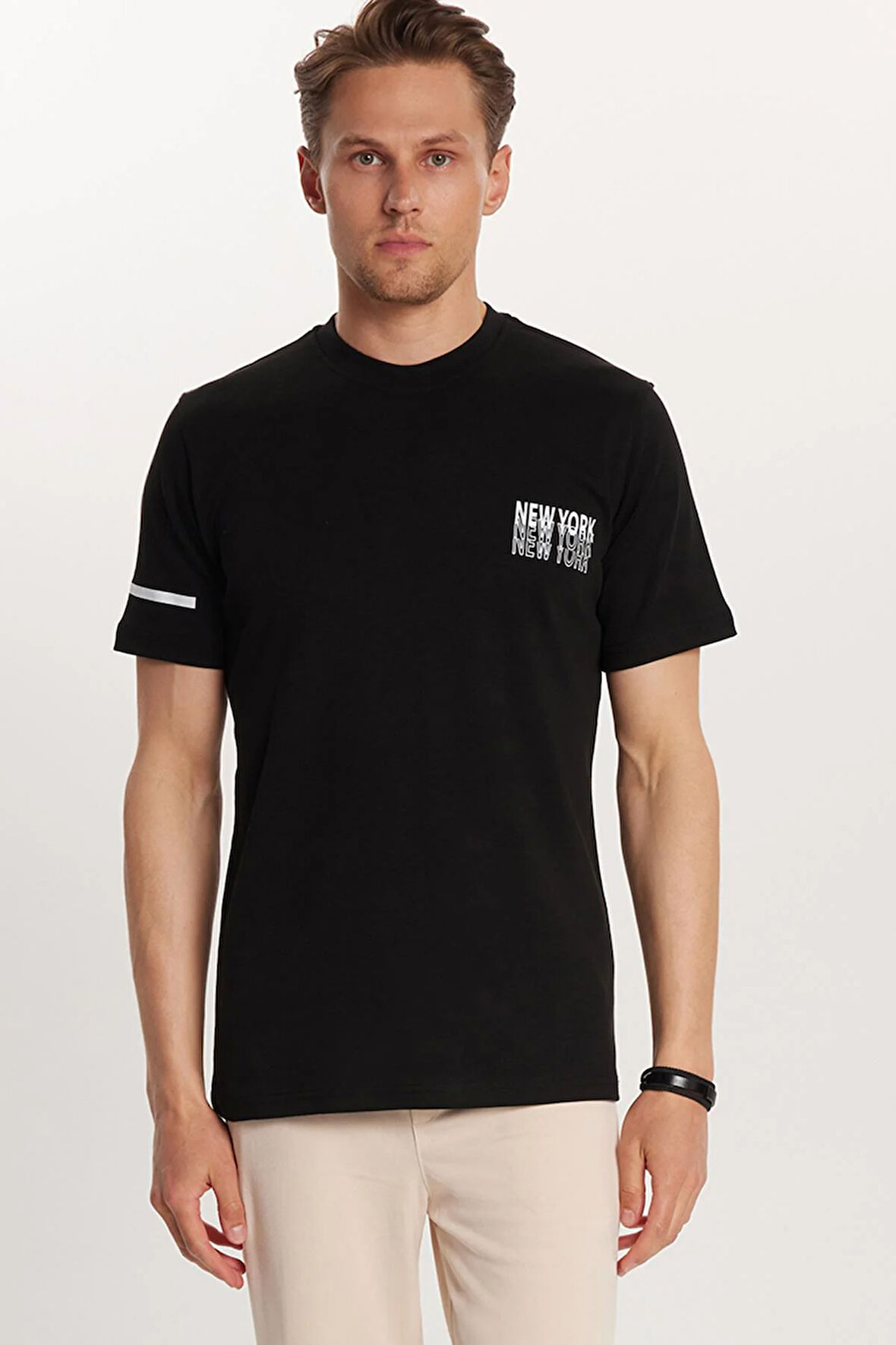 Erkek Slim Fit Dar Kesim Pamuklu Düz Basic Baskılı Bisiklet Yaka Siyah Tişört