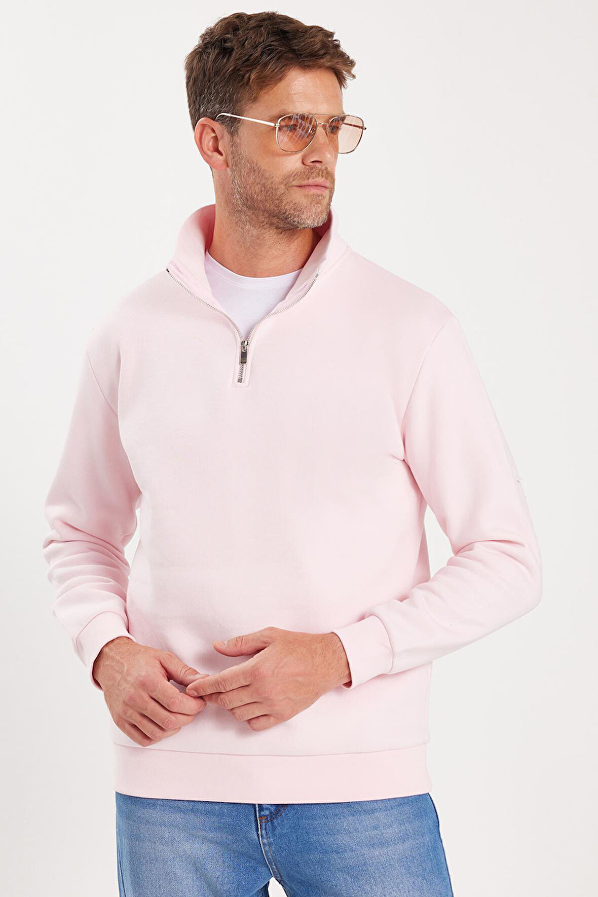 Unisex Relax Fit Rahat Kesim Pamuklu İçi Polarlı Yarım Fermuarlı Pembe Dik Yaka Sweatshirt