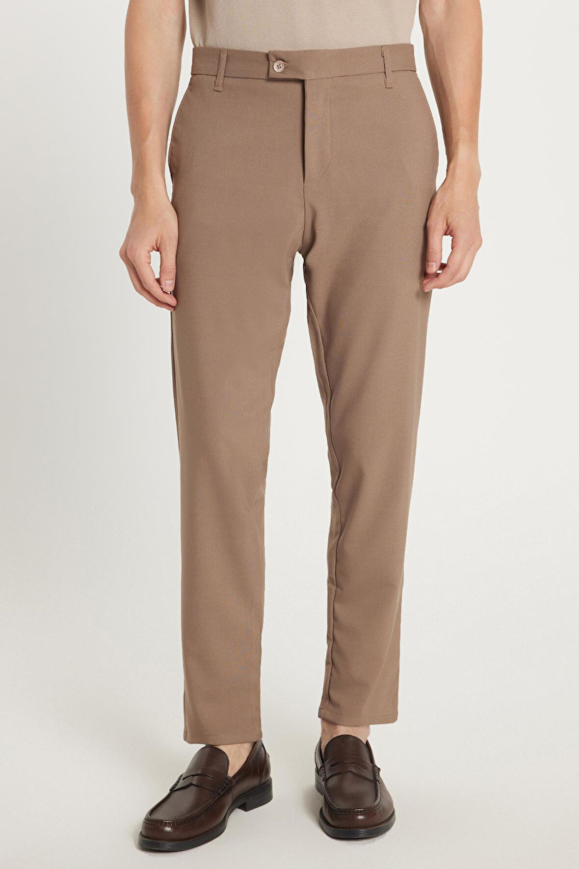 Erkek Slim Fit Dar Kesim Esnek Yan Cepli Bilek Boy Canvas Kesim Kahverengi Pantolon