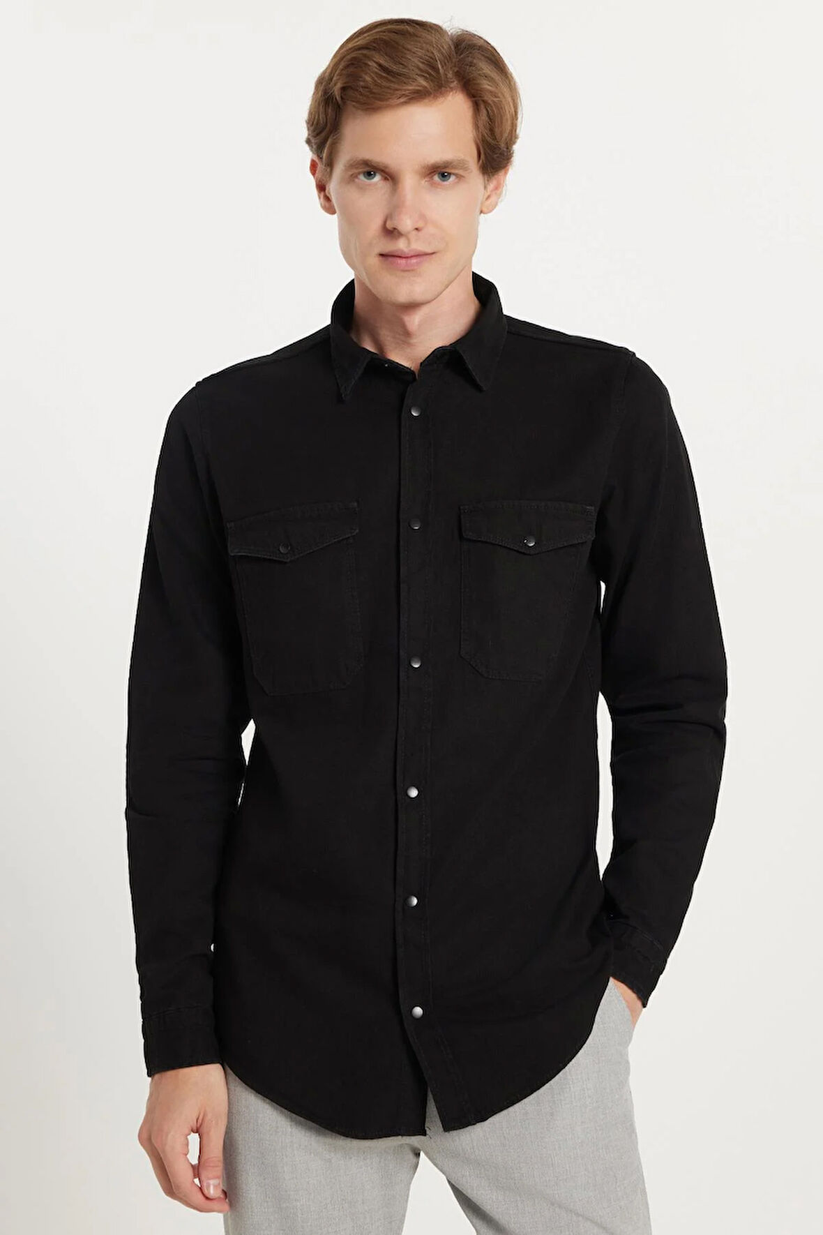 Erkek Slim Fit Dar Kesim Uzun Kollu Denim Kot Çift Cep Çıtçıtlı Siyah Gömlek