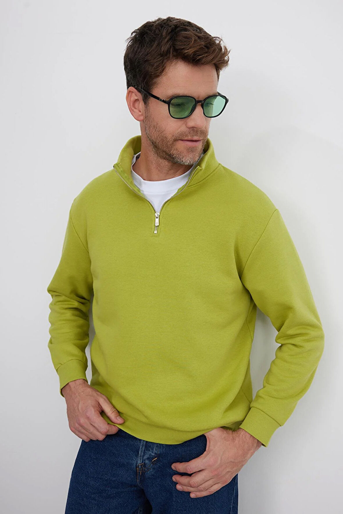 Unisex Relax Fit Rahat Kesim Pamuklu İçi Polarlı Yarım Fermuarlı Yeşil Dik Yaka Sweatshirt