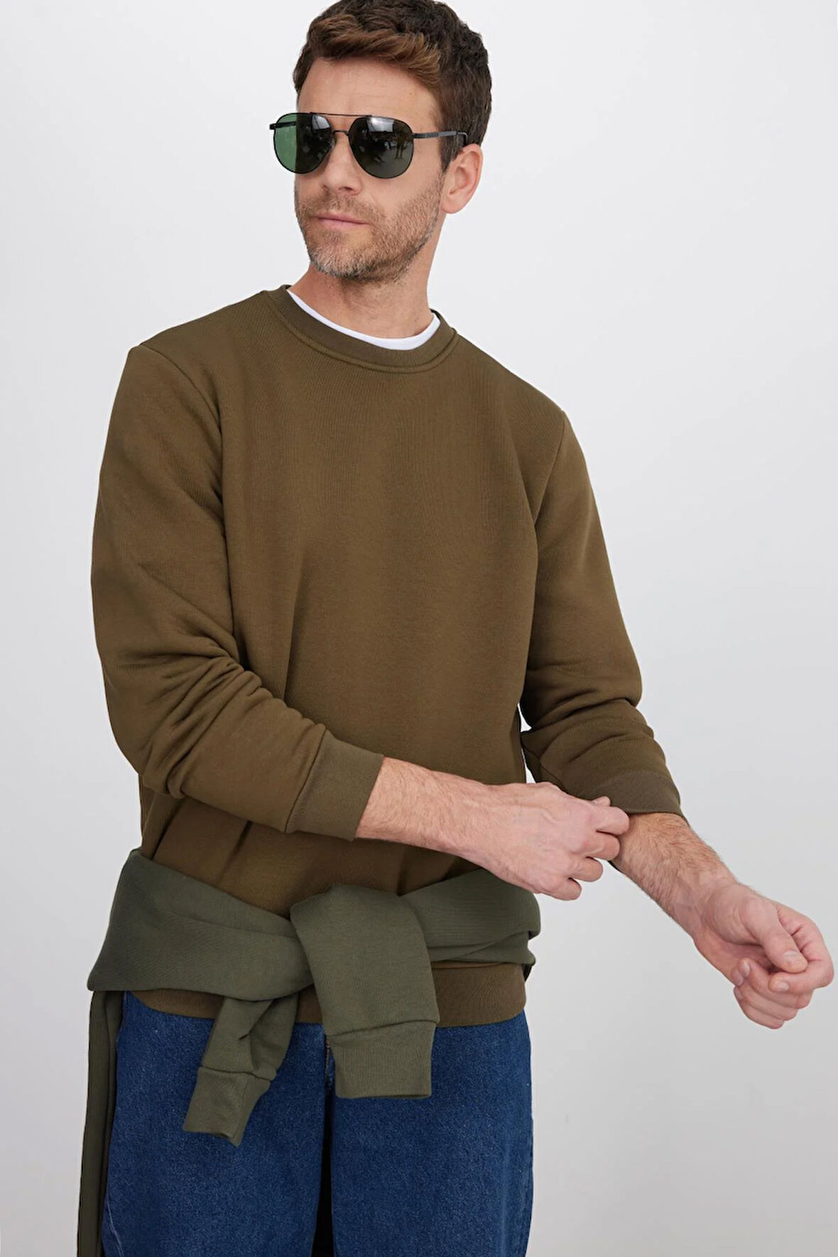 Unisex Relax Fit Rahat Kesim Pamuklu Yumuşak Dokulu İçi Polarlı Yeşil Bisiklet Yaka Sweatshirt