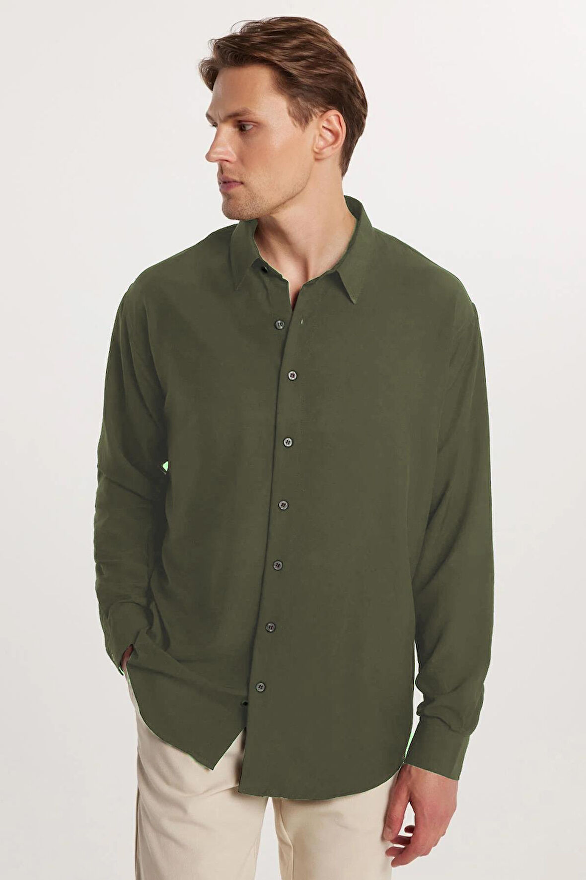 Oversize Mevsimlik Keten Dokulu Bol Kalıp Uzun Kollu Rahat Kullanım Erkek Haki Gömlek