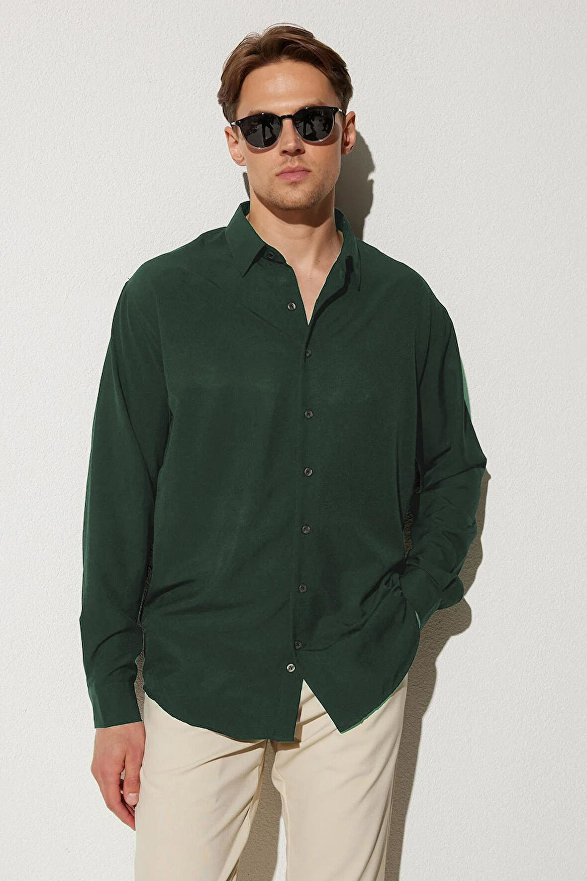 Oversize Mevsimlik Keten Dokulu Bol Kalıp Uzun Kollu Rahat Kullanım Erkek Yeşil Gömlek