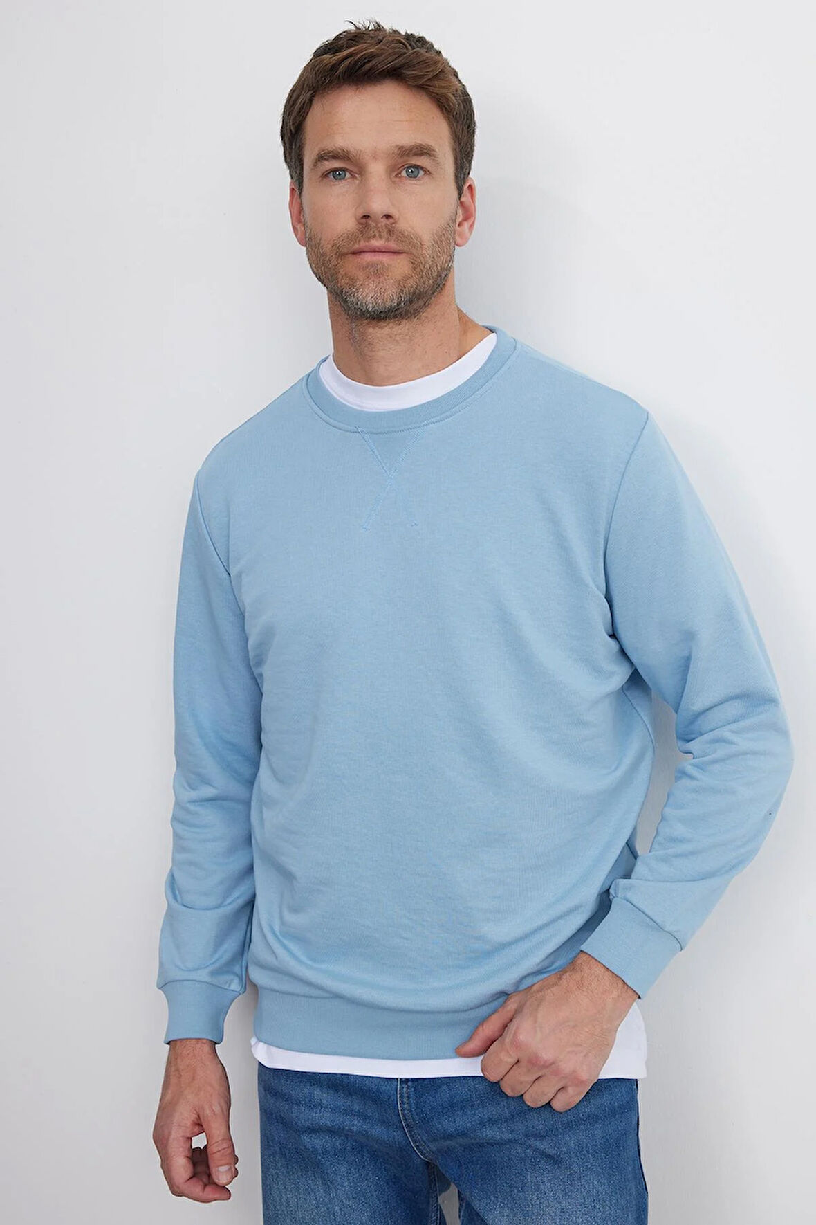 Unisex Relax Fit Rahat Kesim %100 Pamuk Basic Mavi Bisiklet Yaka Sweatshirt