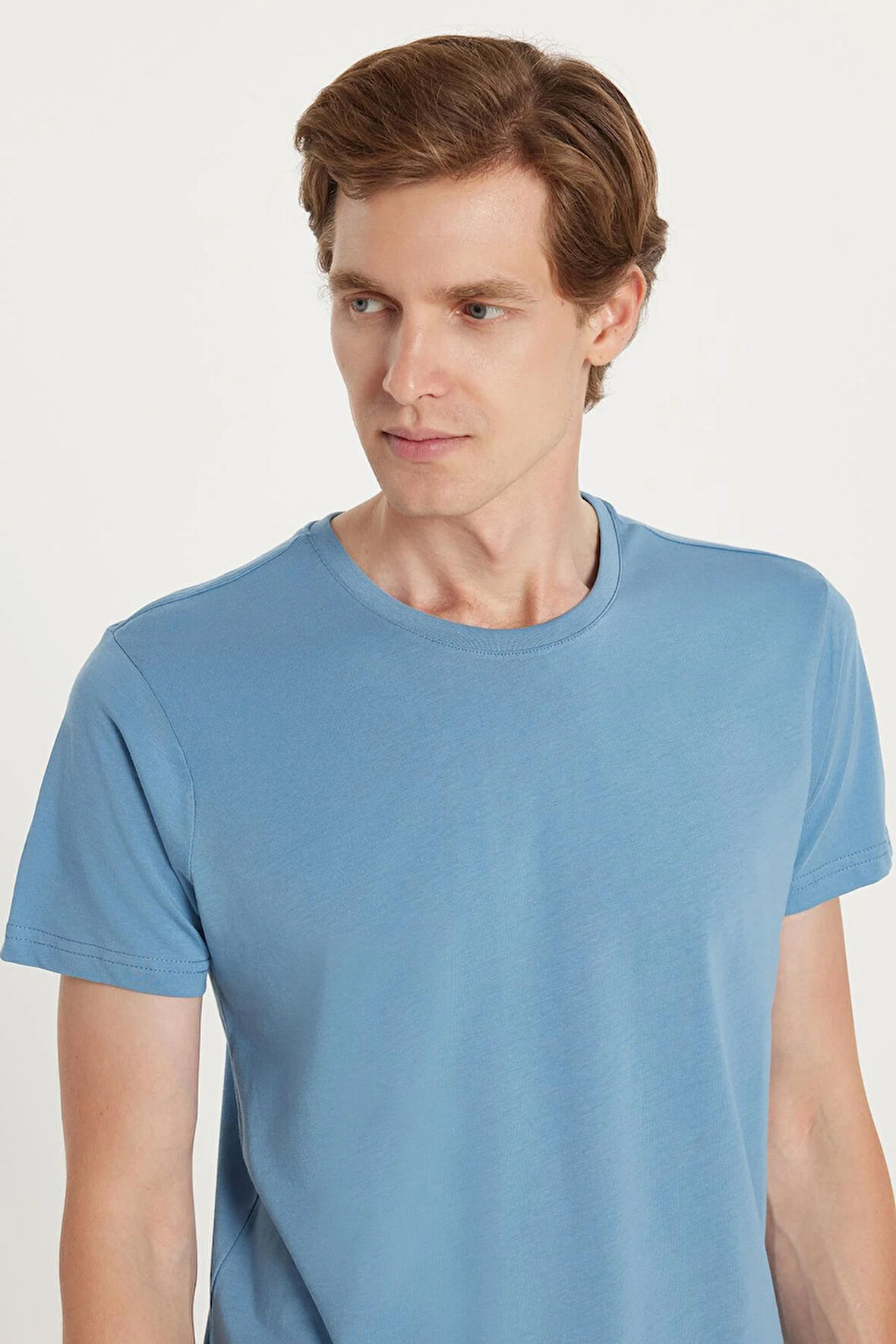 Unisex Slim Fit Dar Kesim %100 Pamuk Yumuşak Dokulu Mavi Bisiklet Yaka Tişört