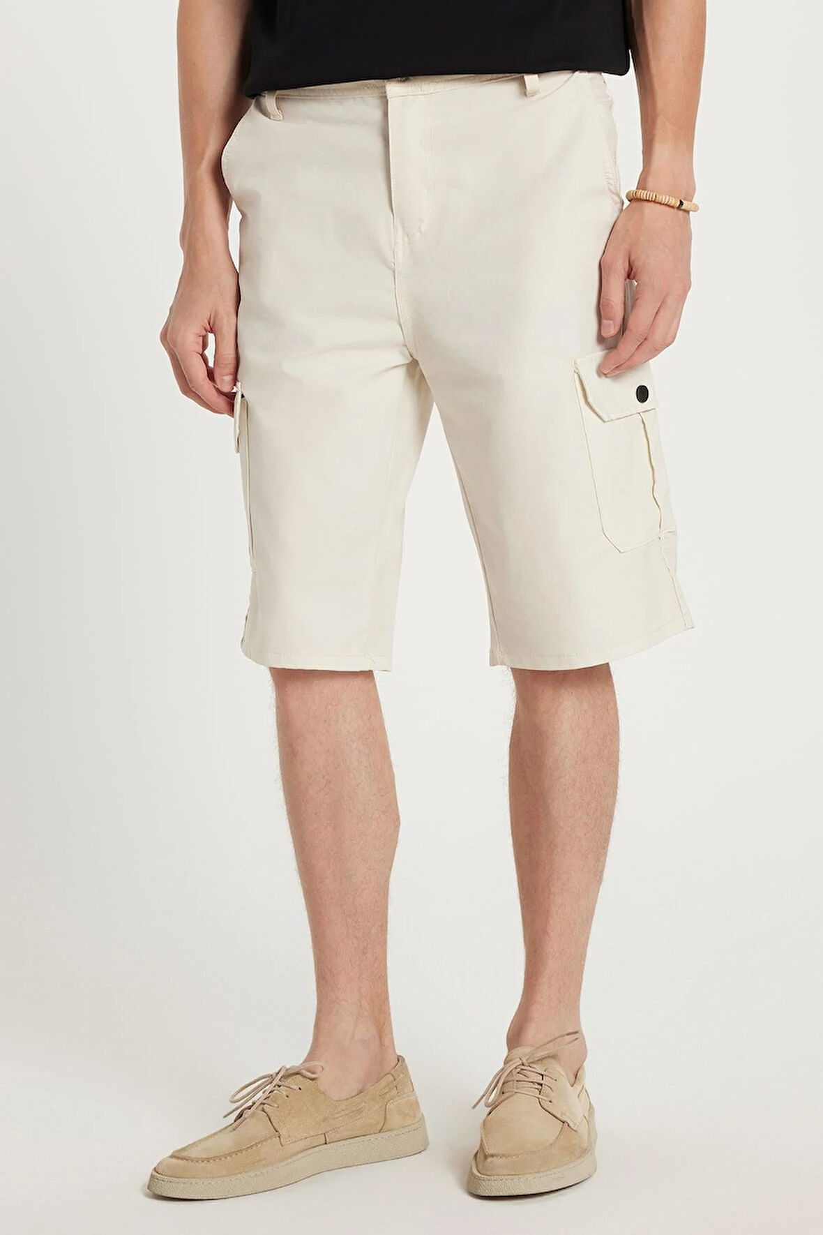 Erkek Relax Fit Rahat Kesim %100 Pamuk Kargo Cep Bej Kapri Şort