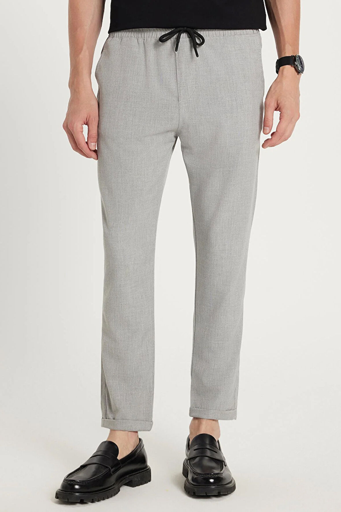 Erkek Slim Fit Dar Kesim Pamuklu Lastikli Beli Bağcıklı Gri Pantolon