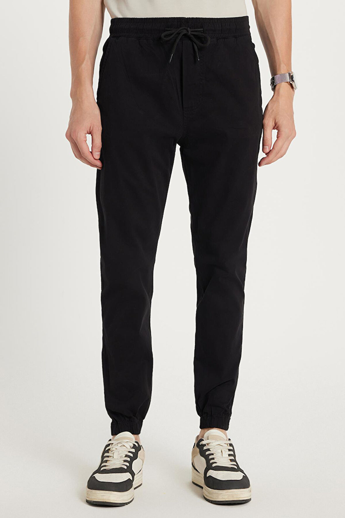 Erkek Slim Fit Dar Kesim Pamuklu Normal Bel Lastikli Paça Siyah Pantolon