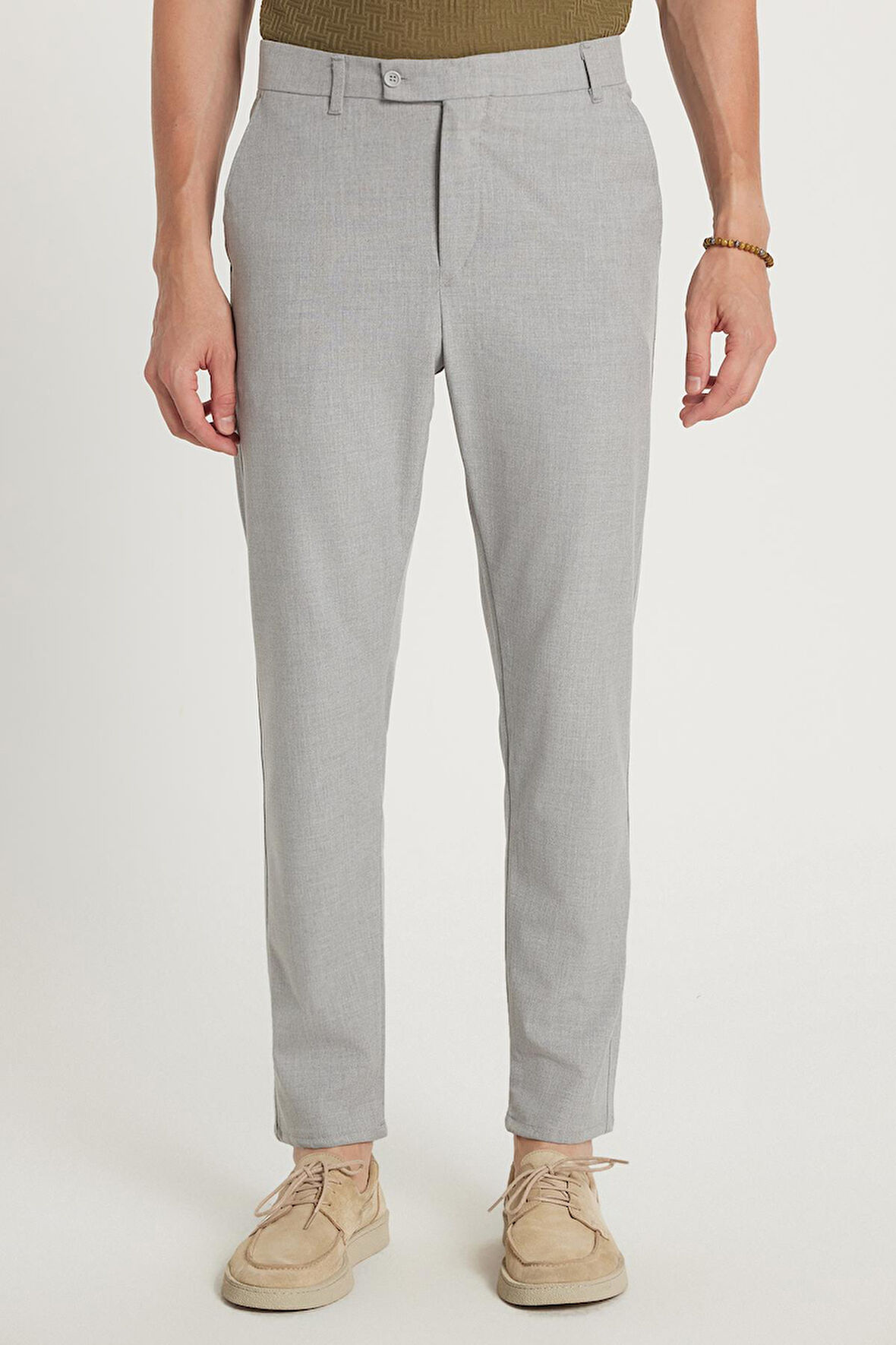 Erkek Slim Fit Dar Kesim Chino Yandan Cepli Pamuklu Gri Pantolon