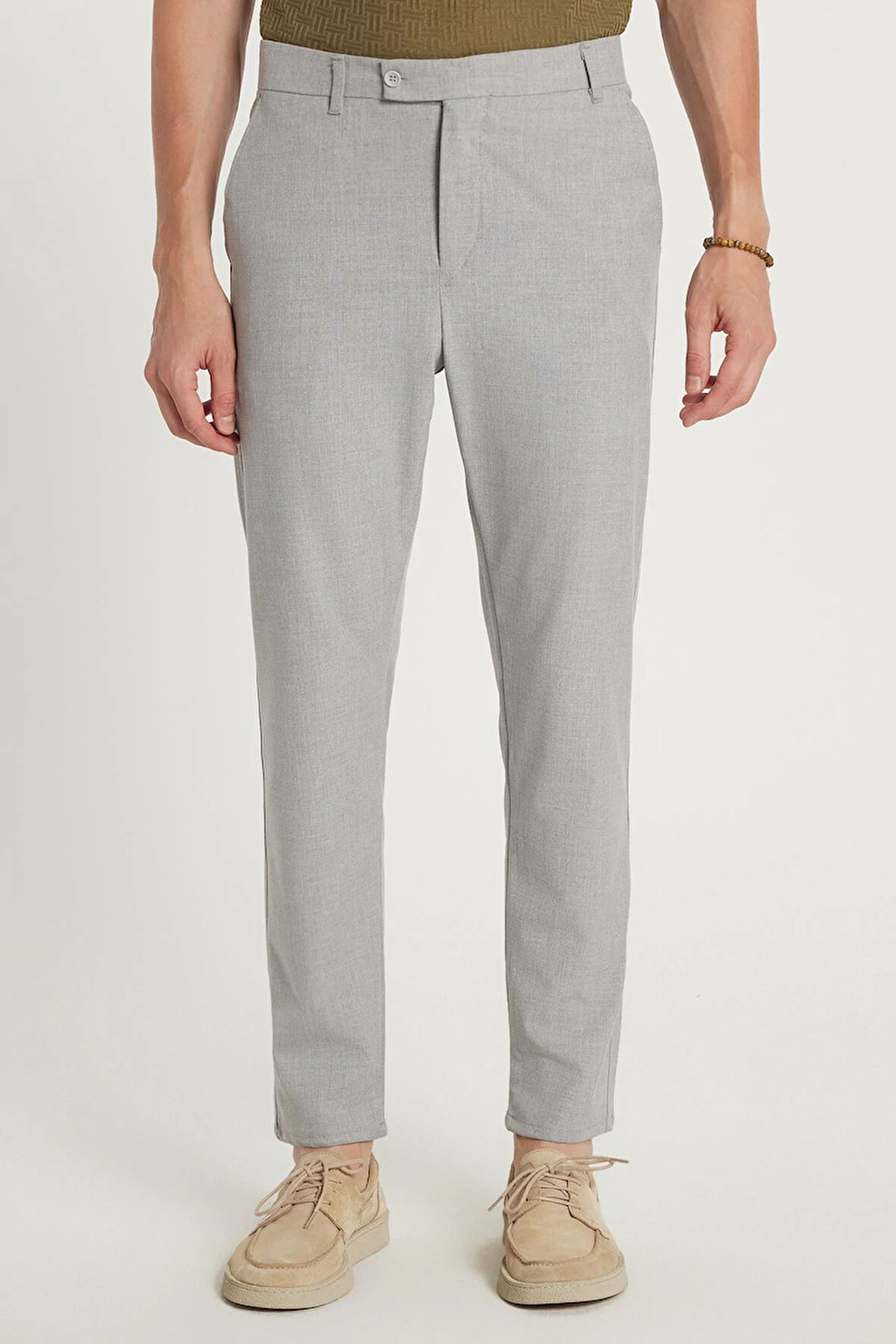 Erkek Slim Fit Dar Kesim Chino Yandan Cepli Pamuklu Gri Pantolon