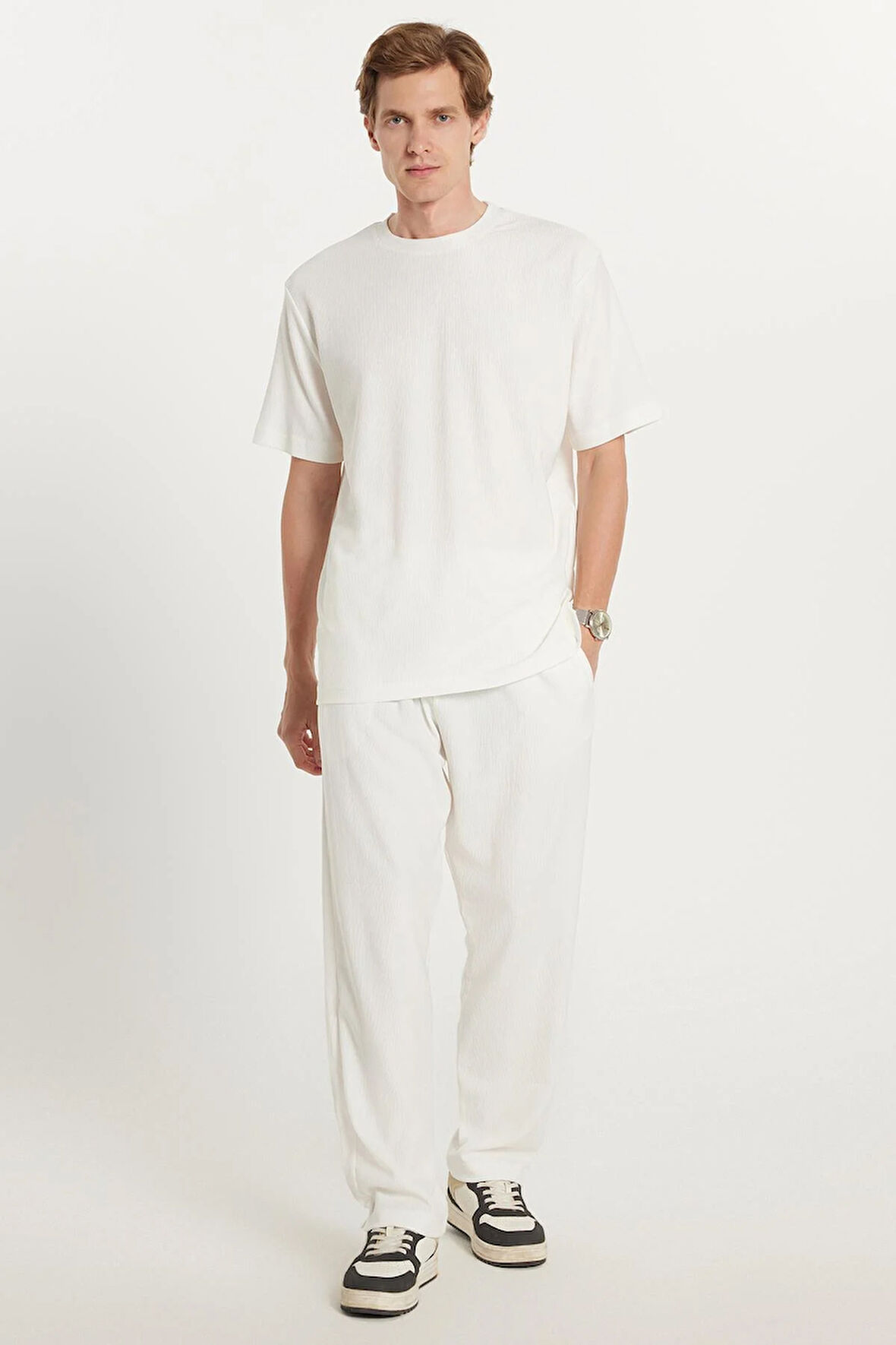 Erkek Oversize Geniş Kesim Beli Lastikli Bağcıklı Bisiklet Yaka Ekru Eşofman Takımı