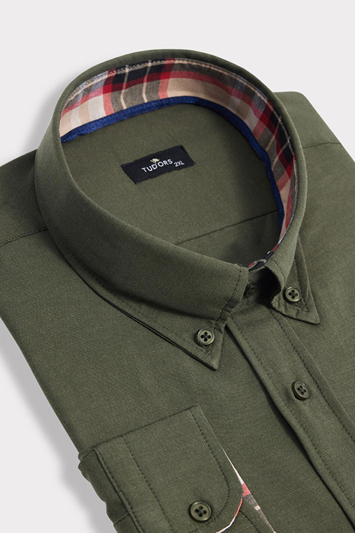 Erkek Big Size Büyük Beden Uzun Kollu Pamuklu Oxford Doku Tek Cepli Yeşil Düğmeli Yaka Gömlek