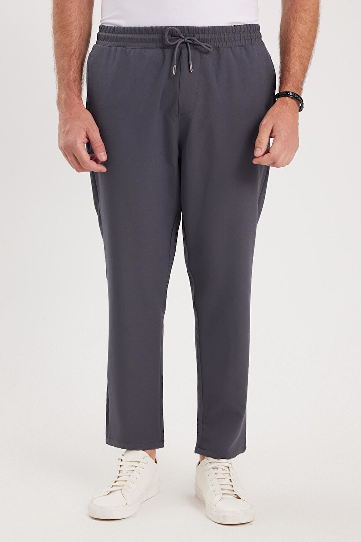 Erkek Regular Fit Beli Lastikli Bağcıklı Jogger Koyu Gri Pantolon Rahat Kesim Yan Cepli