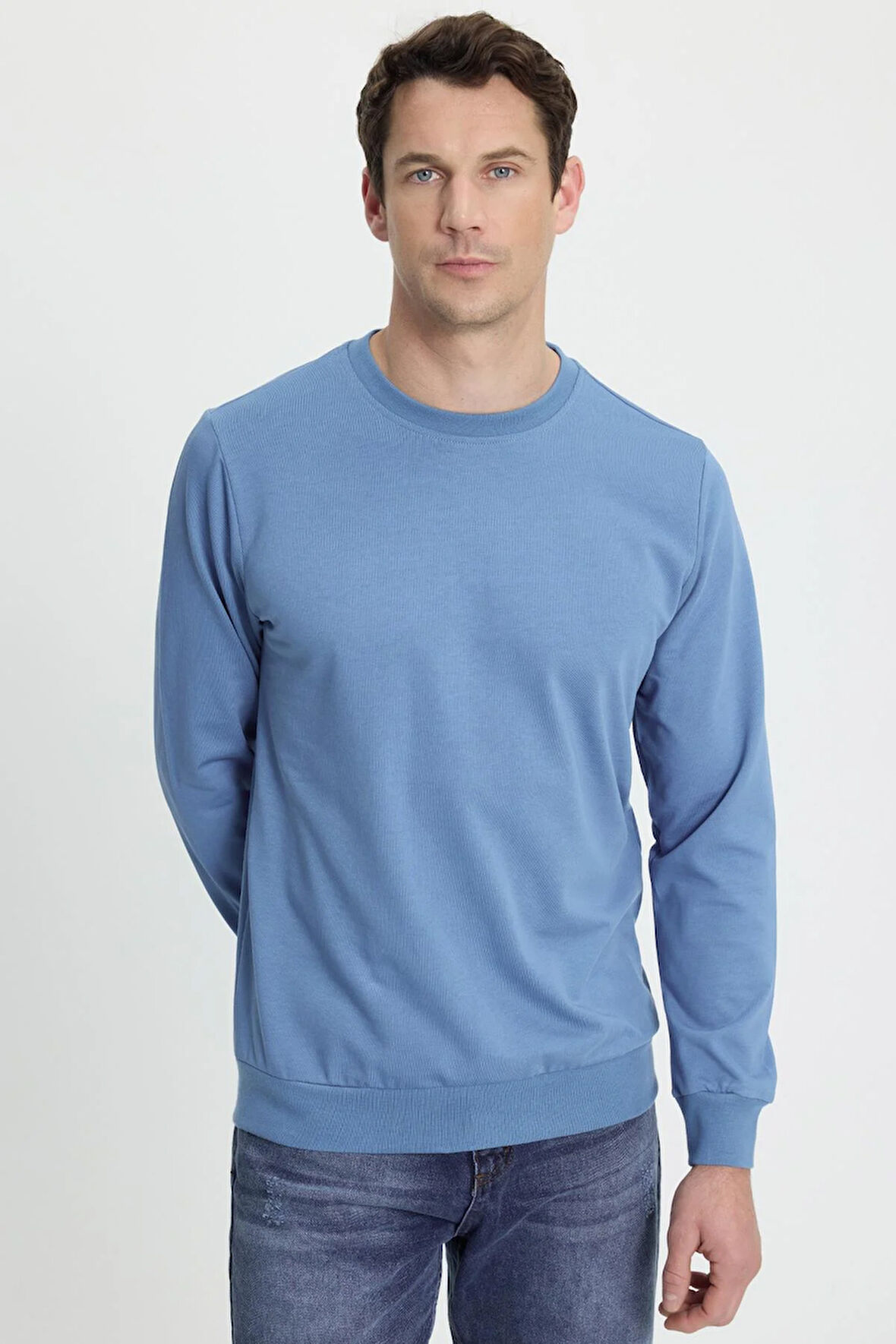 Erkek Relax Fit Rahat Kesim %100 Pamuk 2 İplik Bisiklet Yaka Mavi Sweatshirt