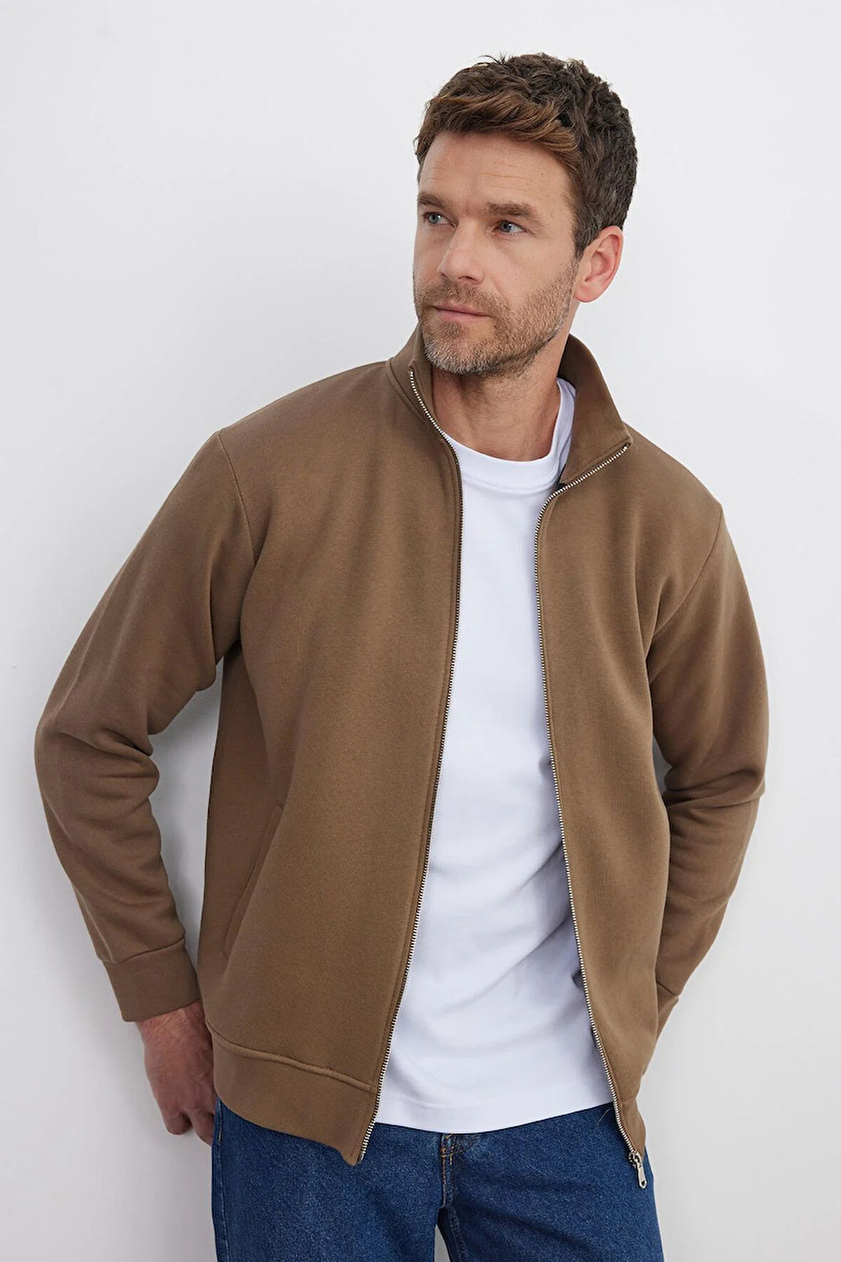 Unisex Relax Fit Rahat Kesim Pamuklu İçi Polarlı Fermuarlı Kahverengi Dik Yaka Flato Cep Sweatshirt Hırka