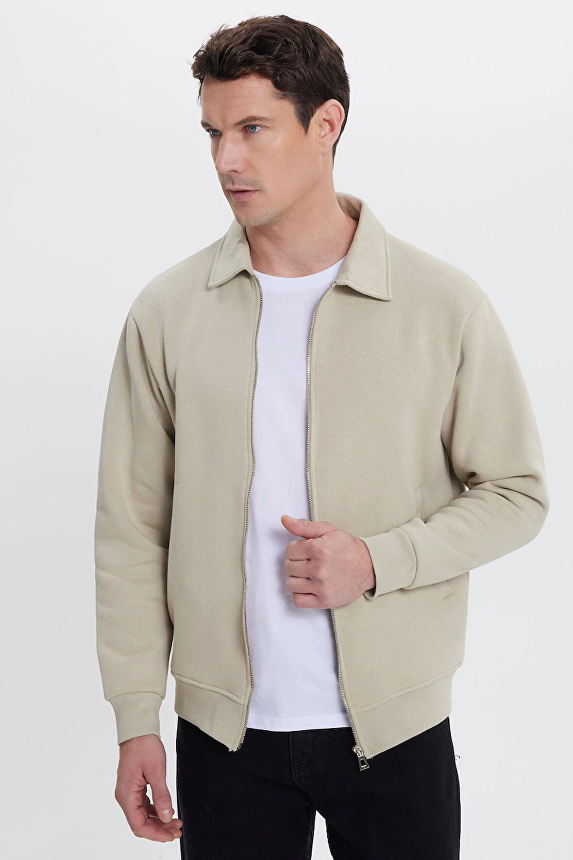 Unisex Relax Fit Rahat Kesim Pamuklu İçi Polarlı Fermuarlı Taş Polo Yaka Flato Cepli Sweatshirt Hırka