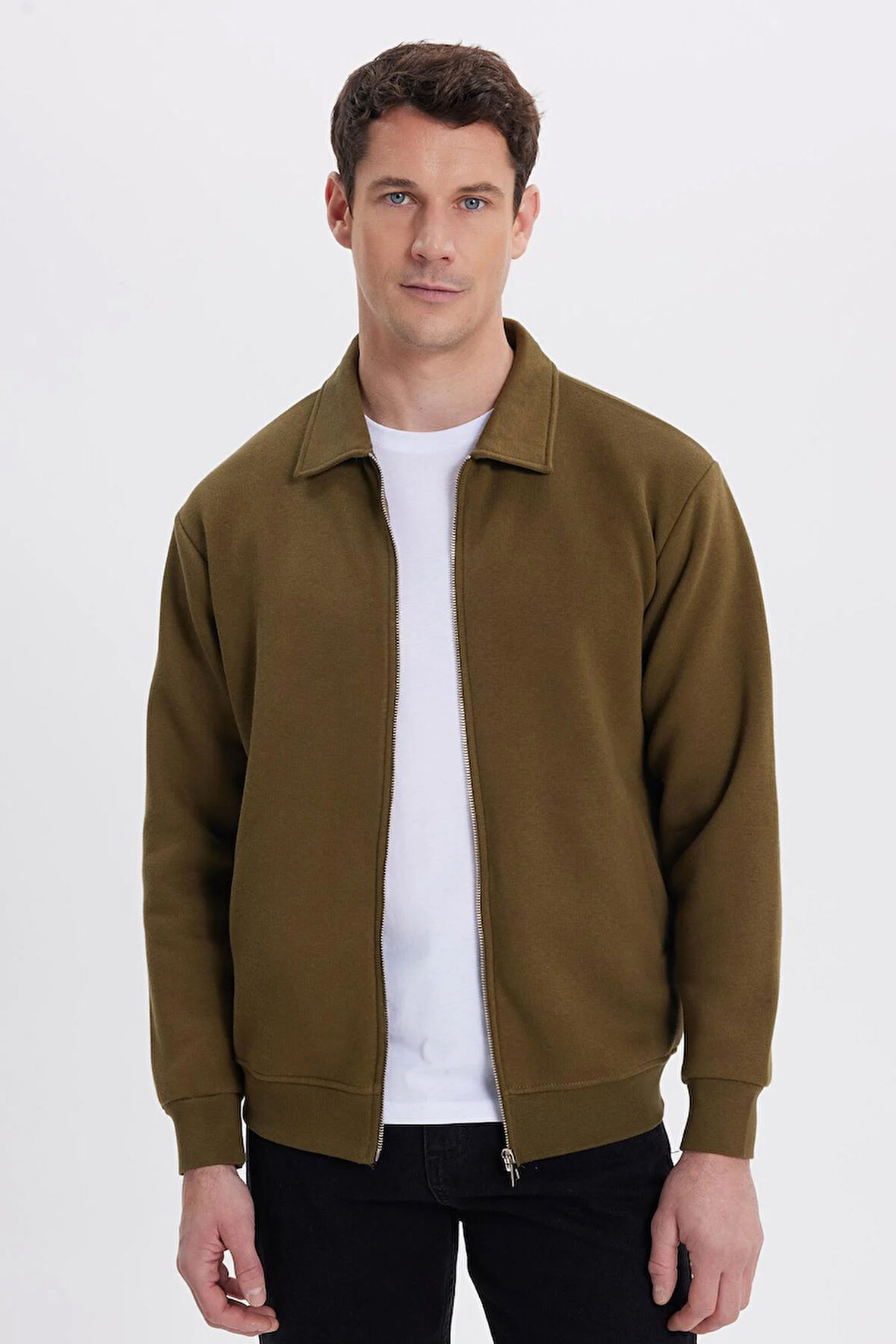 Unisex Relax Fit Rahat Kesim Pamuklu İçi Polarlı Fermuarlı Yeşil Polo Yaka Flato Cepli Sweatshirt Hırka