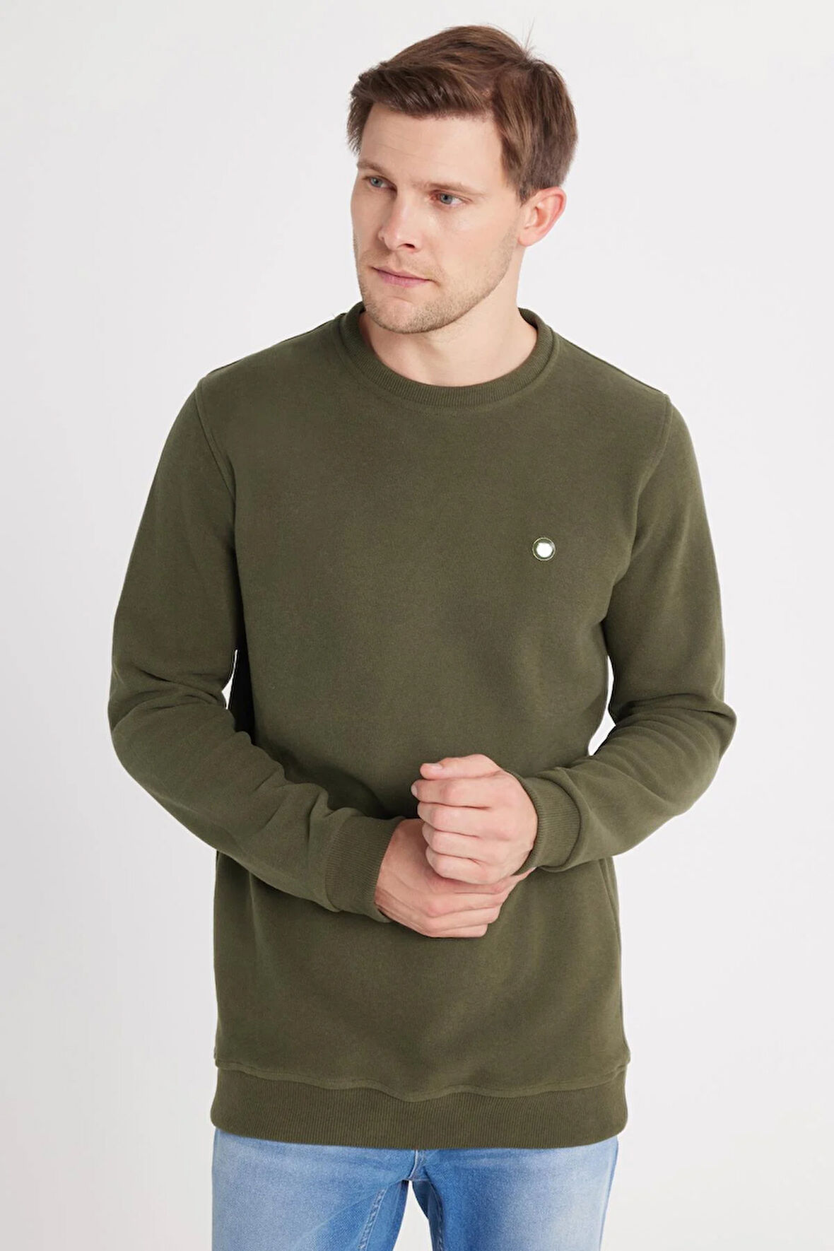 Erkek Slim Fit Dar Kesim Pamuklu Selanik Kumaş Bisiklet Yaka Haki Sweatshirt