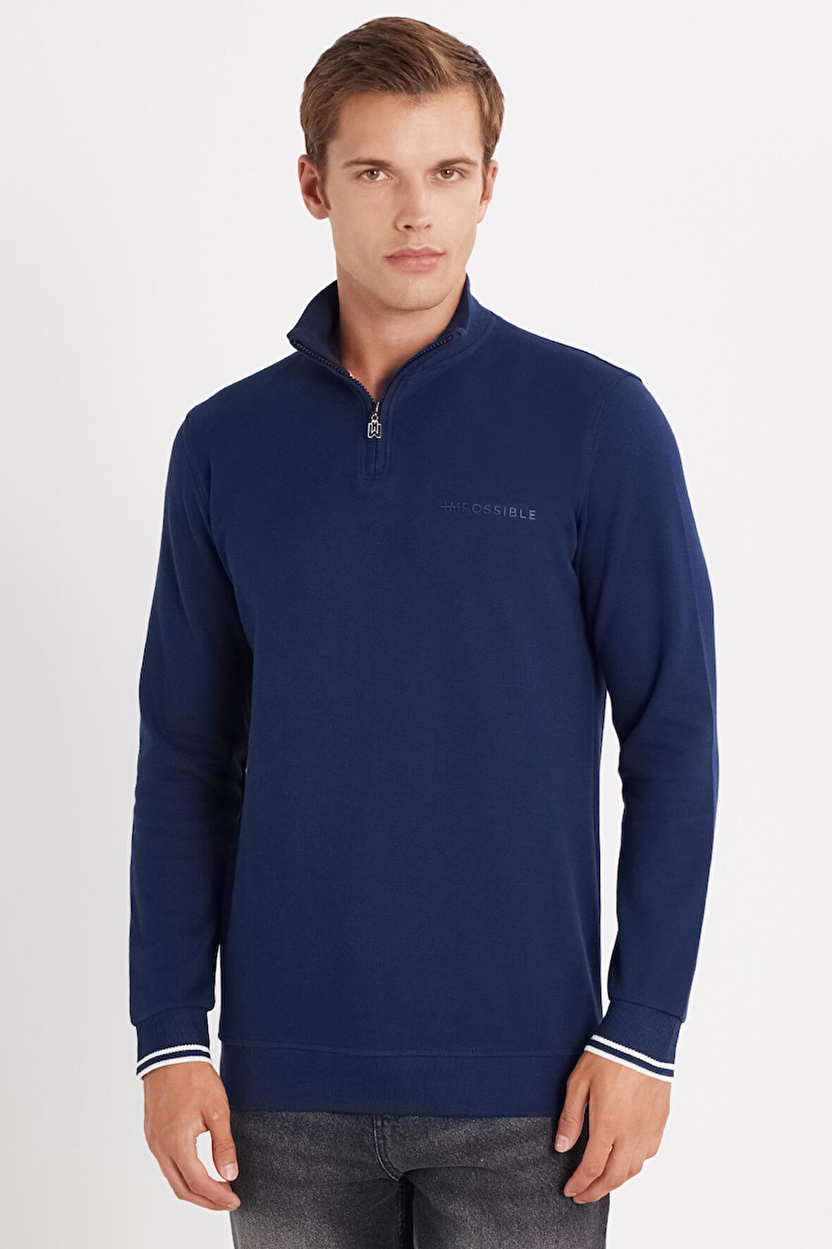 Erkek Slim Fit Dar Kesim Pamuklu Yarım Fermuarlı Dik Yaka Lacivert Sweatshirt