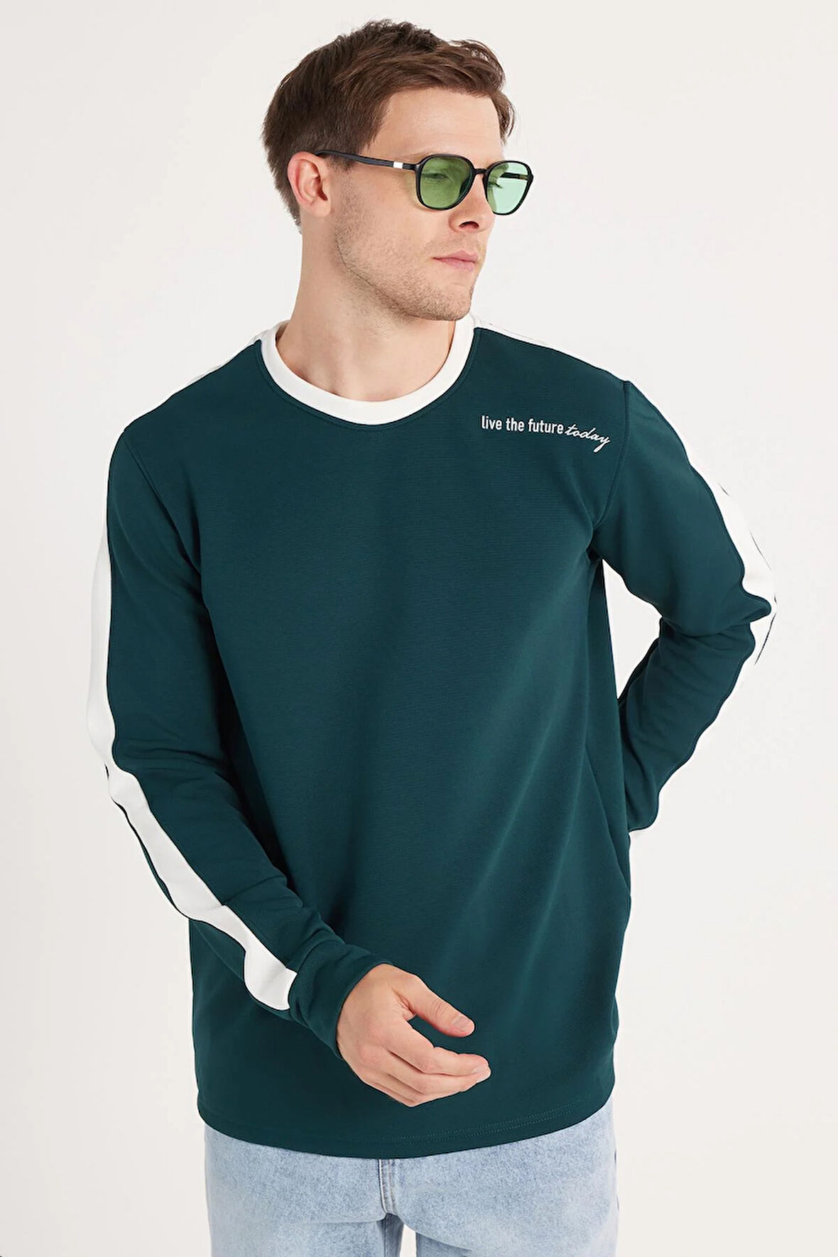 Erkek Standart Fit Pamuklu Jakarlı Bisiklet Yaka Baskılı Yeşil Sweatshirt