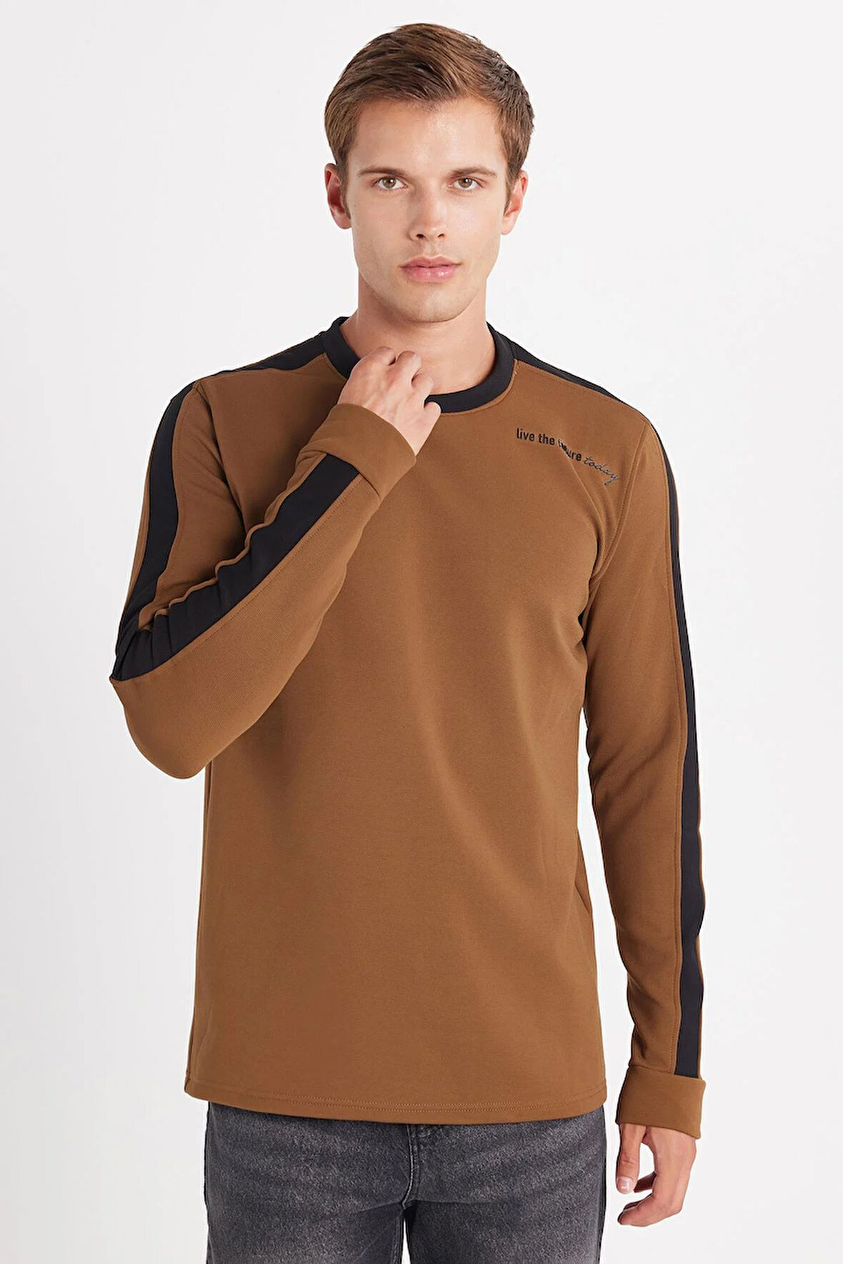 Erkek Standart Fit Pamuklu Jakarlı Bisiklet Yaka Baskılı Kahverengi Sweatshirt