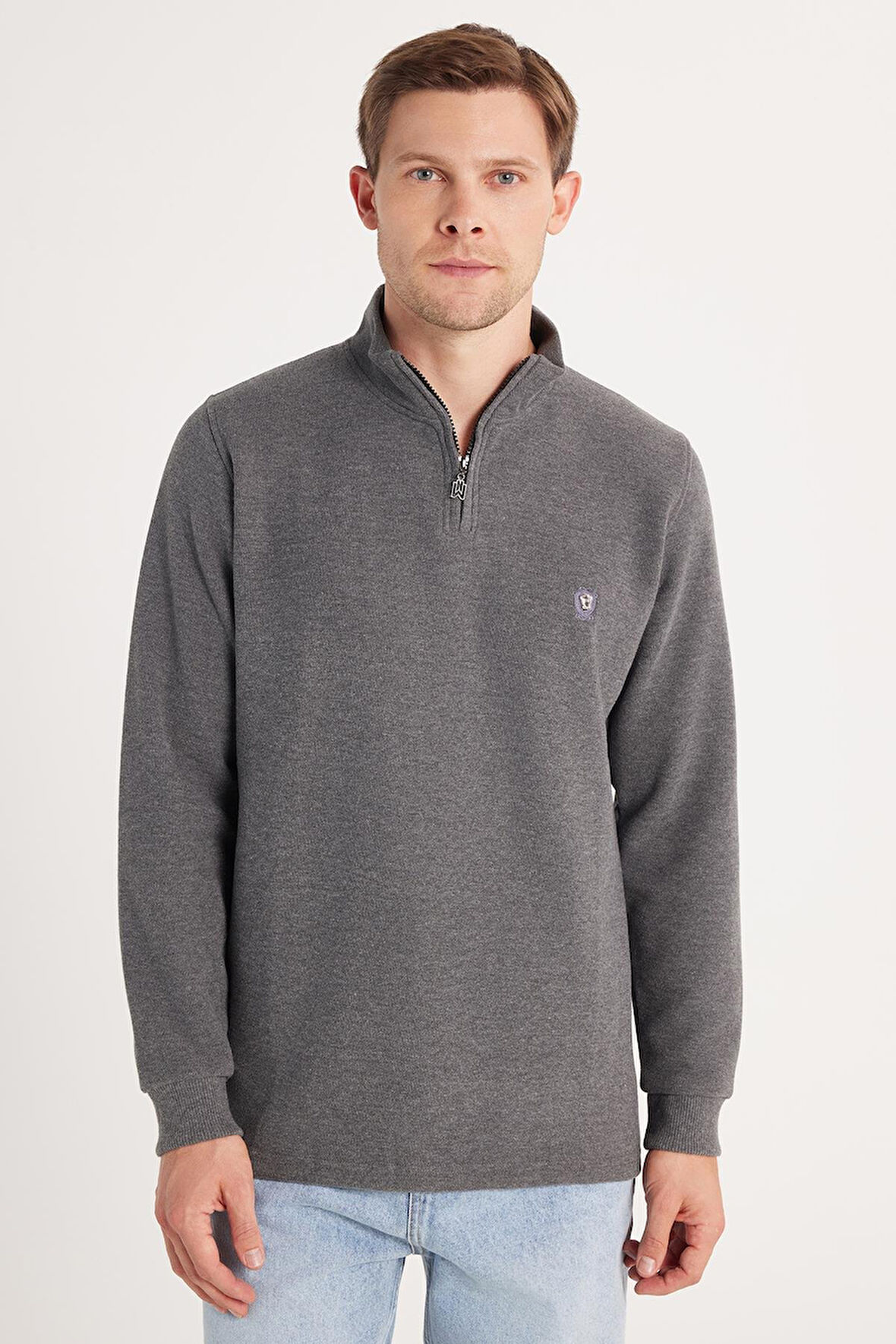 Erkek Slim Fit Dar Kesim Pamuklu Selanik Kumaş Yarım Fermuarlı Antrasit Dik Yaka Sweatshirt