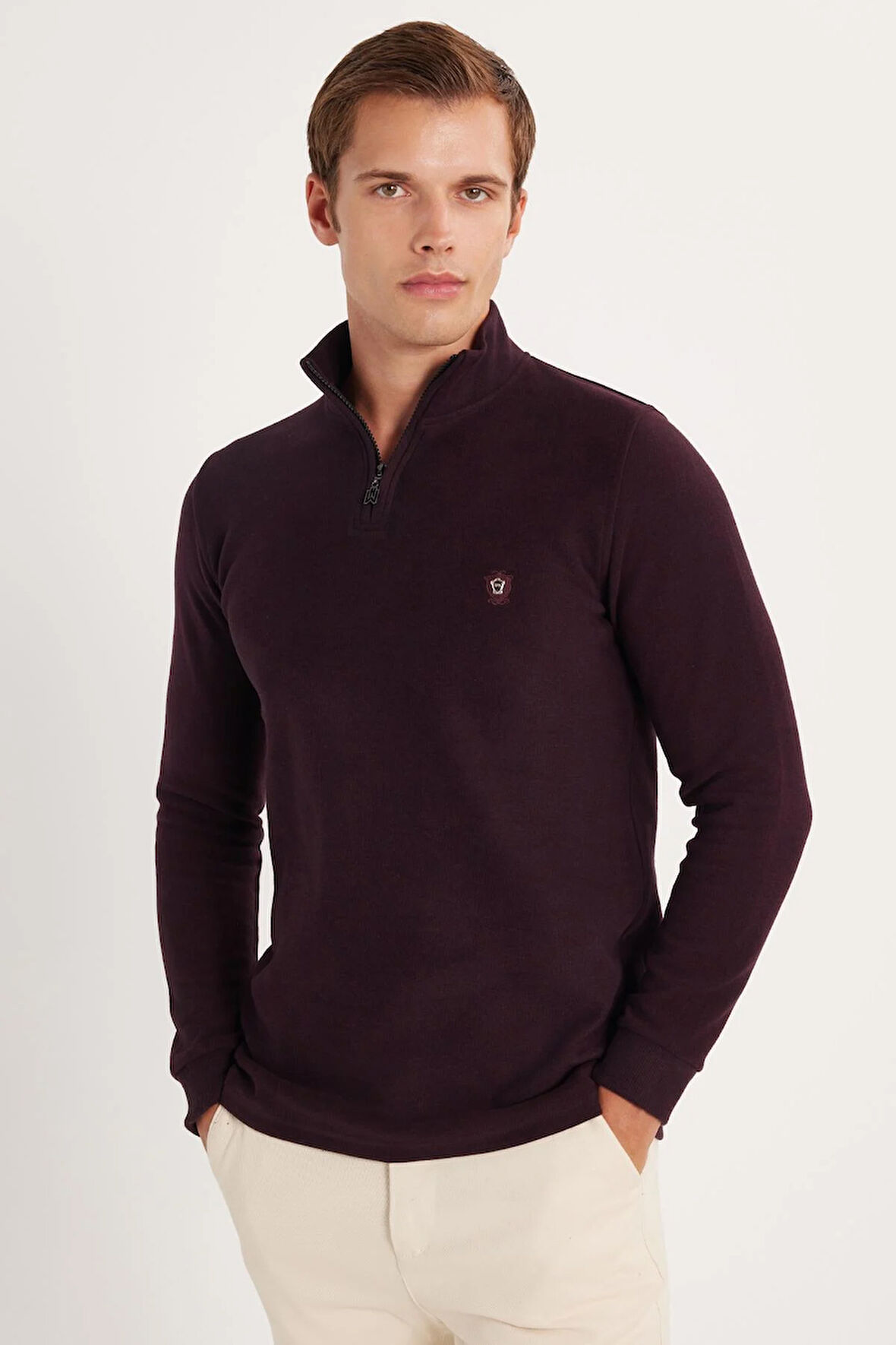 Erkek Slim Fit Dar Kesim Pamuklu Selanik Kumaş Yarım Fermuarlı Siyah Dik Yaka Sweatshirt