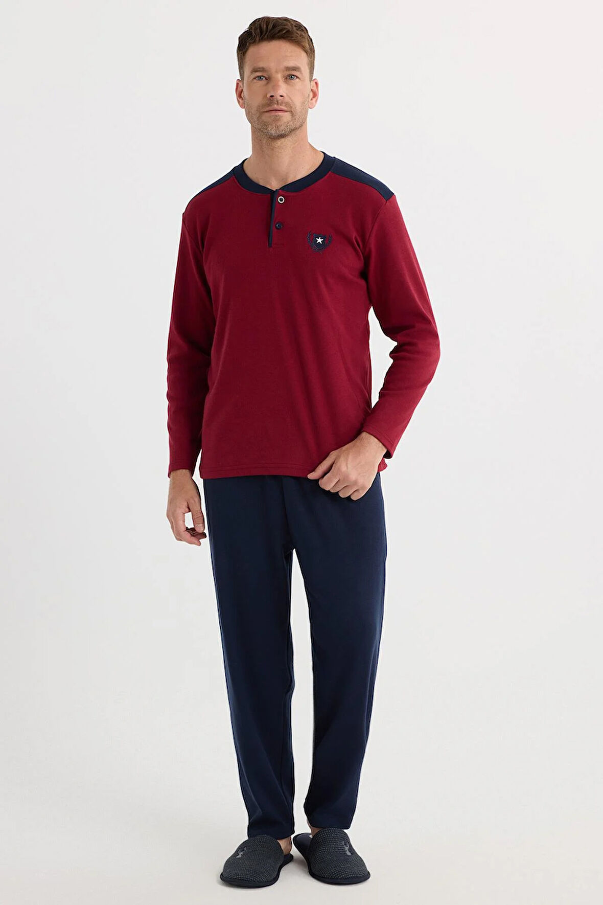 Erkek Regular Fit Pamuklu Düğmeli Yaka Beli Lastikli Desenli Bordo Pijama Takımı